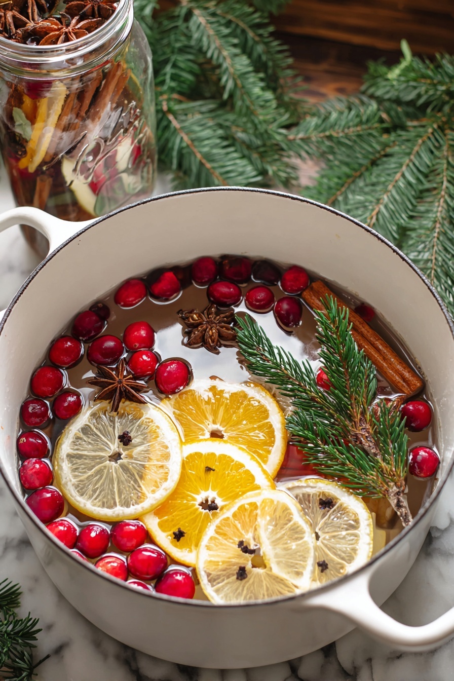 A white pot filled with clear water holds floating layers of holiday spices and fruits. The top layer has bright red cranberries and shiny brown star anise scattered around. Below, several round slices of dried orange with pale yellow centers and slightly darker edges float near the surface. Dark brown cinnamon sticks lie gently on and under the orange slices. Sprigs of green pine needles add a fresh, textured look drifting to the right side inside the pot. In the background, blurred green pine branches and a jar with more dried fruit and spices sit on a white marbled surface. photo taken with an iphone --ar 2:3 --v 7 - Christmas Simmer Pot in a Jar, holiday simmer pot, Christmas gift idea, festive home fragrance, holiday scent jars