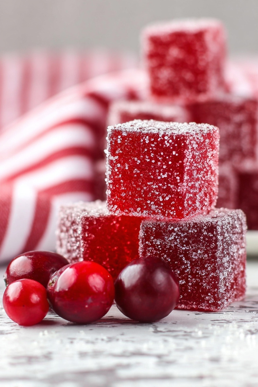 The image shows square red fruit jelly candies coated with sugar crystals, stacked in multiple layers with some pieces in focus and others blurred behind. In front of the stacked jellies are shiny whole red cranberries with smooth surfaces. The background includes a soft-focus red and white striped cloth, and the setup rests on a white marbled texture. The colors highlight the bright red of the jellies and cranberries against the neutral background. photo taken with an iphone --ar 2:3 --v 7 - Cranberry Jelly Candy, Cranberry Jelly Candy Recipe, Homemade Cranberry Candy, Festive Cranberry Treats, Holiday Cranberry Sweets