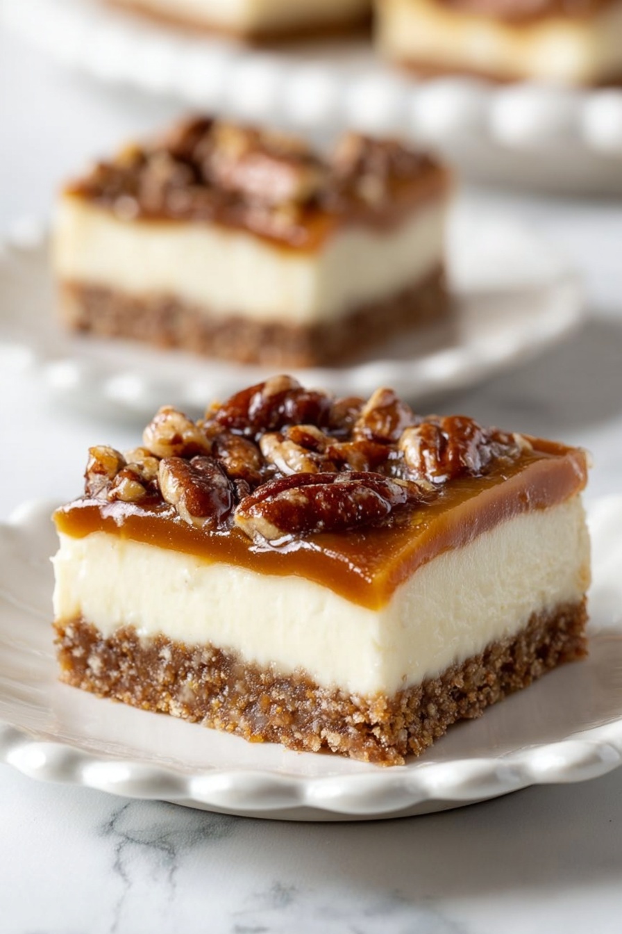 A close-up image of a white rectangular baking dish filled with a thick layer of glossy caramel topping mixed with many chopped pecans. The caramel layer has a rich golden-brown color with a slightly shiny texture, evenly spread covering the entire surface. The pecans are roasted and scattered densely throughout the caramel, adding a rough and crunchy look with their dark brown and light tan colors. The dish is placed on a white marbled surface. photo taken with an iphone --ar 2:3 --v 7 - Pecan Cheesecake Bars, easy pecan cheesecake bars, no-bake pecan dessert, holiday cheesecake bars, decadent pecan cheesecake