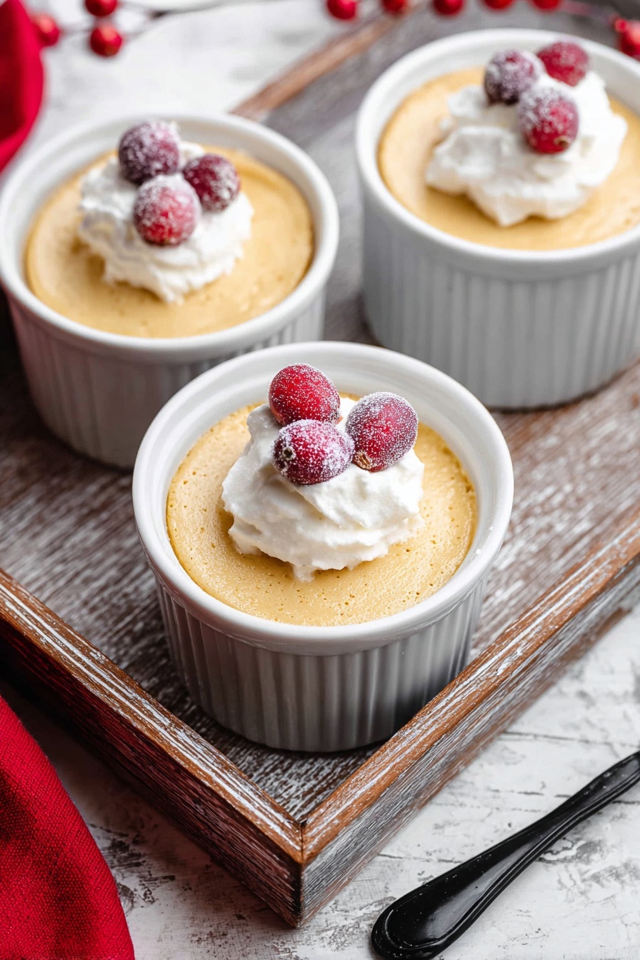 Three white ramekins sit inside a rustic wooden tray on a white marbled surface. Each ramekin holds one layer of smooth, light orange creamy pudding filling the dishes to the top. On top of each pudding layer is a small dollop of white whipped cream, crowned with two frosted red cranberries. The tray's wood shows soft gray and white tones with a worn texture. In the foreground, a black spoon handle rests next to the tray, and a red cloth peeks in from the side. Photo taken with an iphone --ar 2:3 --v 7 - Eggnog Pudding Eggnog Pudding Recipe Holiday Dessert Festive Eggnog Pudding