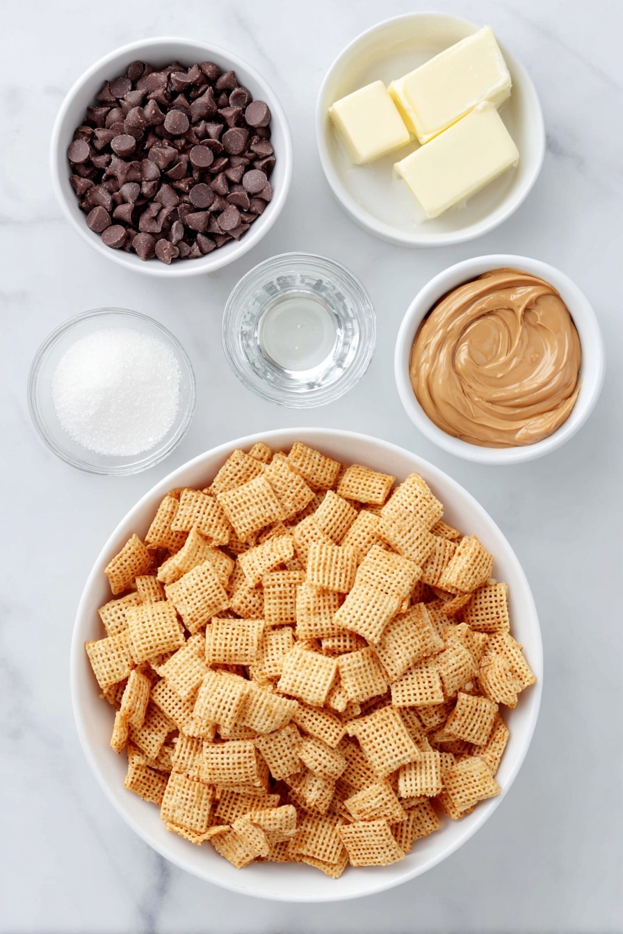 Flat lay of a large white ceramic bowl filled with fresh, crispy Chex cereal squares, a small white bowl of smooth semi-sweet chocolate chips, a small white bowl holding creamy peanut butter, another small white bowl with solid pale yellow butter, a small white bowl containing clear vanilla extract, a small white bowl heaped with fine powdered sugar, and a small white bowl filled with colorful festive sanding sugar crystals, all arranged symmetrically and proportionally, placed on a clean white marble surface, soft natural light, photo taken with an iPhone, professional food photography style, fresh ingredients, white ceramic bowls, no bottles, no duplicates, no utensils, no packaging --ar 2:3 --v 7 --p m7354615311229779997 - Christmas Puppy Chow, festive puppy chow, holiday snack recipes, chocolate peanut butter treats, Christmas party snacks