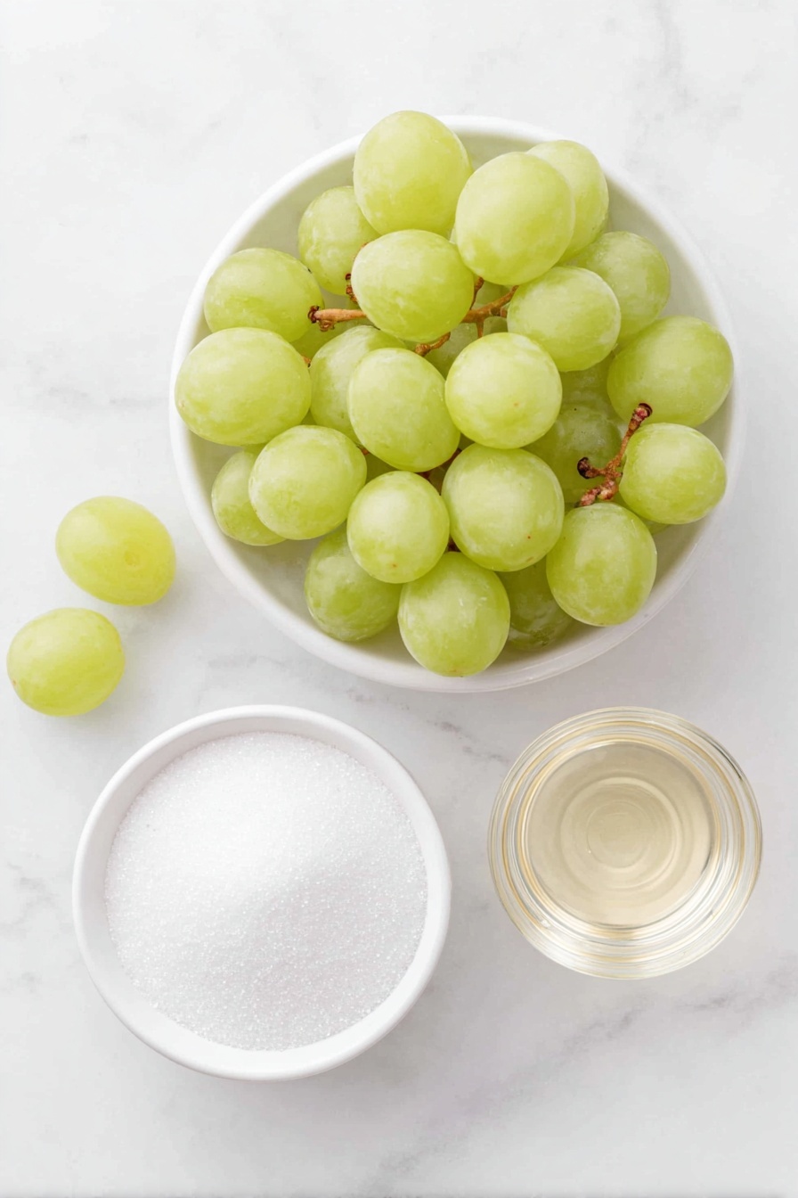 Flat lay of fresh green grapes with some individual grapes removed from the stems, a small white ceramic bowl filled with granulated cane sugar, a small white ceramic bowl containing clear sparkling prosecco liquid, all arranged in perfect symmetry on a clean white marble surface, soft natural light, photo taken with an iPhone, professional food photography style, fresh ingredients, white ceramic bowls, no bottles, no duplicates, no utensils, no packaging --ar 2:3 --v 7 --p m7354615311229779997 - Prosecco-Marinated Green Grape Bites, green grape appetizer, sparkling grape snacks, elegant fruit bites, cocktail party hors d'oeuvres