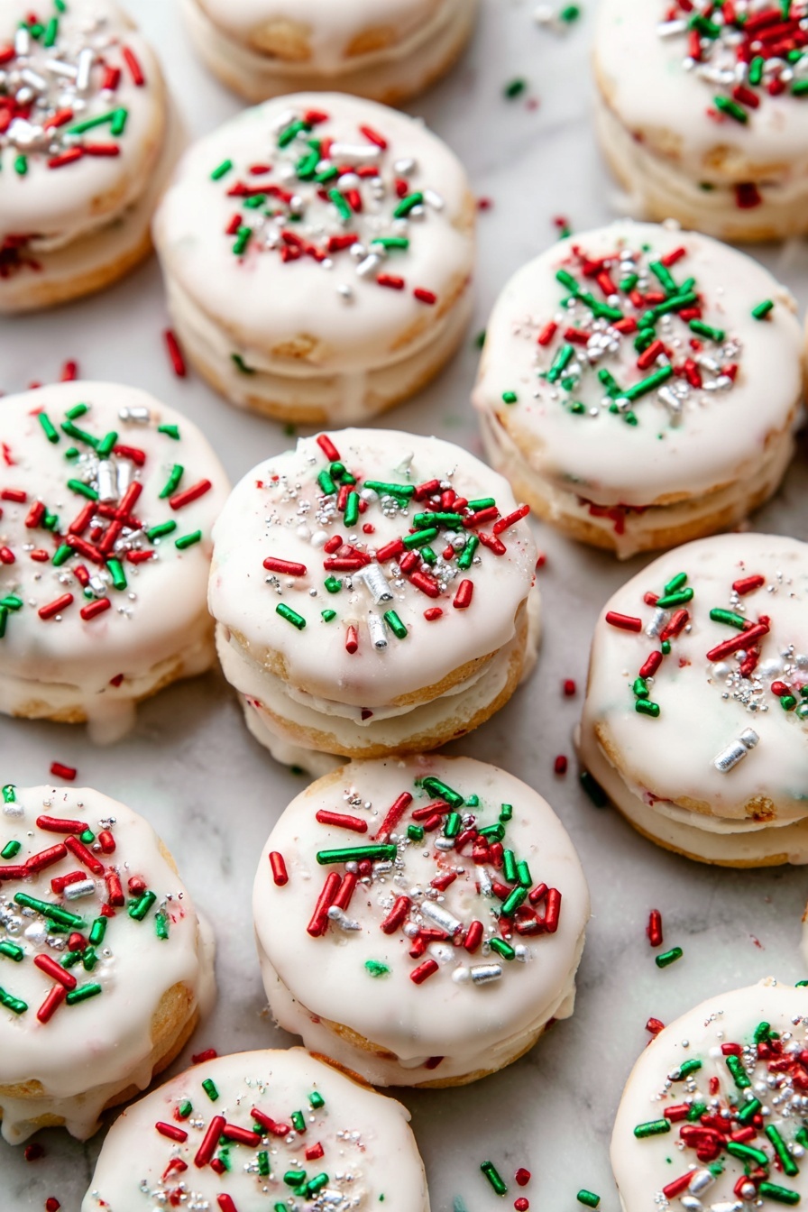 This image shows many small, round sandwich cookies stacked on a white marbled surface. Each cookie has two light golden layers with a white icing layer in the middle, covered on top with a smooth white glaze that drips slightly onto the surface. The tops are decorated with red, green, white, and silver sprinkles in different shapes, including small sticks, balls, and a few Christmas tree shapes. The overall look is festive and bright, with the cookies arranged close to each other, some overlapping. photo taken with an iphone --ar 2:3 --v 7 - Ritz Cracker Holiday Cookies with White Chocolate, festive cookies with white chocolate, easy holiday treat recipes, salty and sweet holiday snacks, quick Christmas cookie ideas