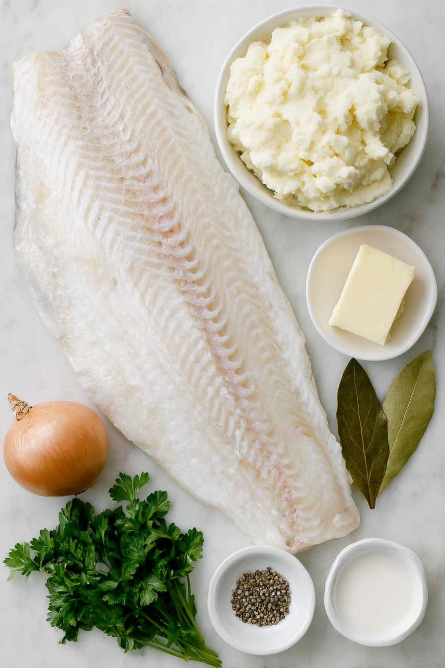 Flat lay of a whole smoked haddock fillet with natural skin, a small bunch of fresh parsley sprigs with separated leaves and stalks, a single fresh bay leaf, a medium brown onion unpeeled, a pat of unsalted butter on a white ceramic dish, a small white bowl filled with creamy mashed potatoes, a small white bowl holding whole milk, a small white bowl of kosher salt, a small white bowl containing freshly ground black pepper, placed on a clean white marble surface, soft natural light, photo taken with an iPhone, professional food photography style, fresh ingredients, white ceramic bowls, no bottles, no duplicates, no utensils, no packaging --ar 2:3 --v 7 --p m7354615311229779997 - Scottish Cullen Skink Soup, traditional Scottish soup, smoked haddock soup, hearty seafood soup, easy Scottish Cullen Skink recipe