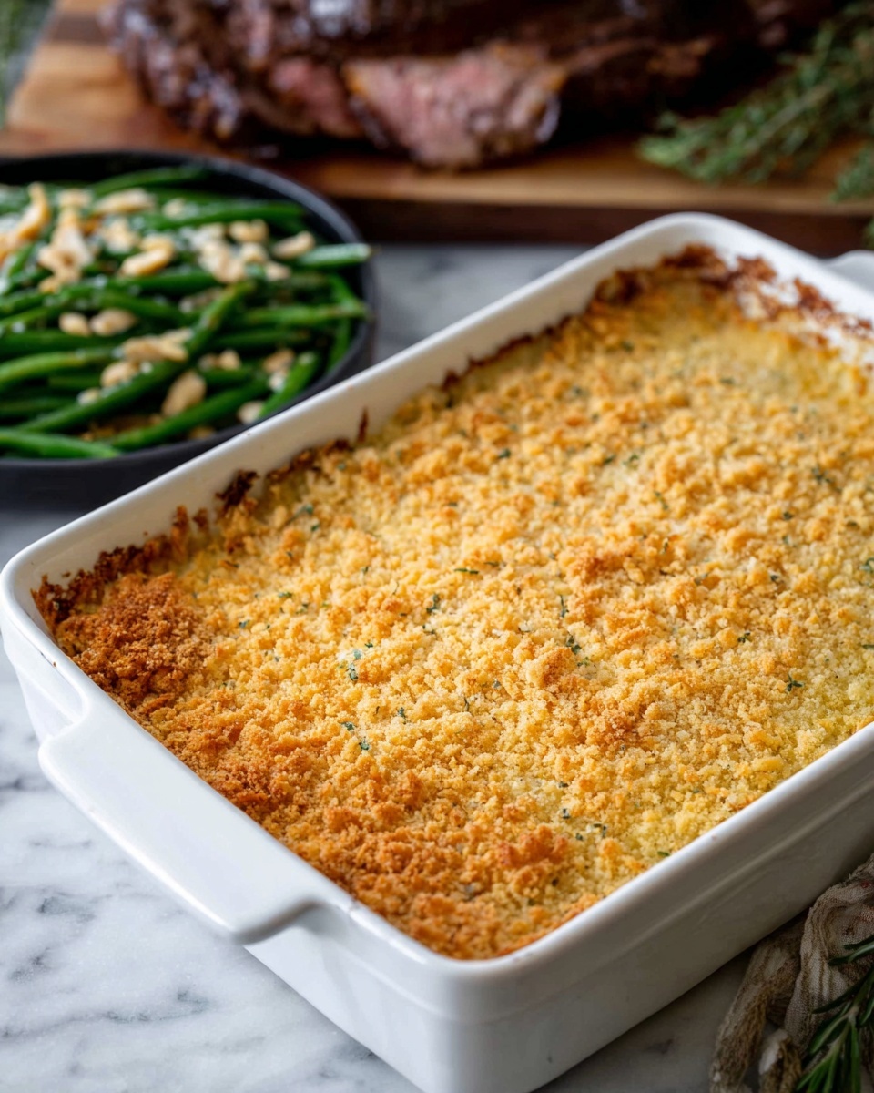 A wooden board sits on a white marbled surface, holding a seasoned roast with a dark brown crust and green herbs around it, with two slices showing a pink center placed at the board's edge. To the left, a white oval dish contains green beans mixed with sliced onions and toasted almond slivers, showing varied green and beige tones. Below, a large rectangular white dish is filled with a golden, crispy baked topping with a crunchy texture. To the right, a white bowl holds smooth, creamy white sauce with a small herb garnish on top. The scene includes a striped cloth, pine cones, and festive decorations in the background. Photo taken with an iphone --ar 4:5 --v 7