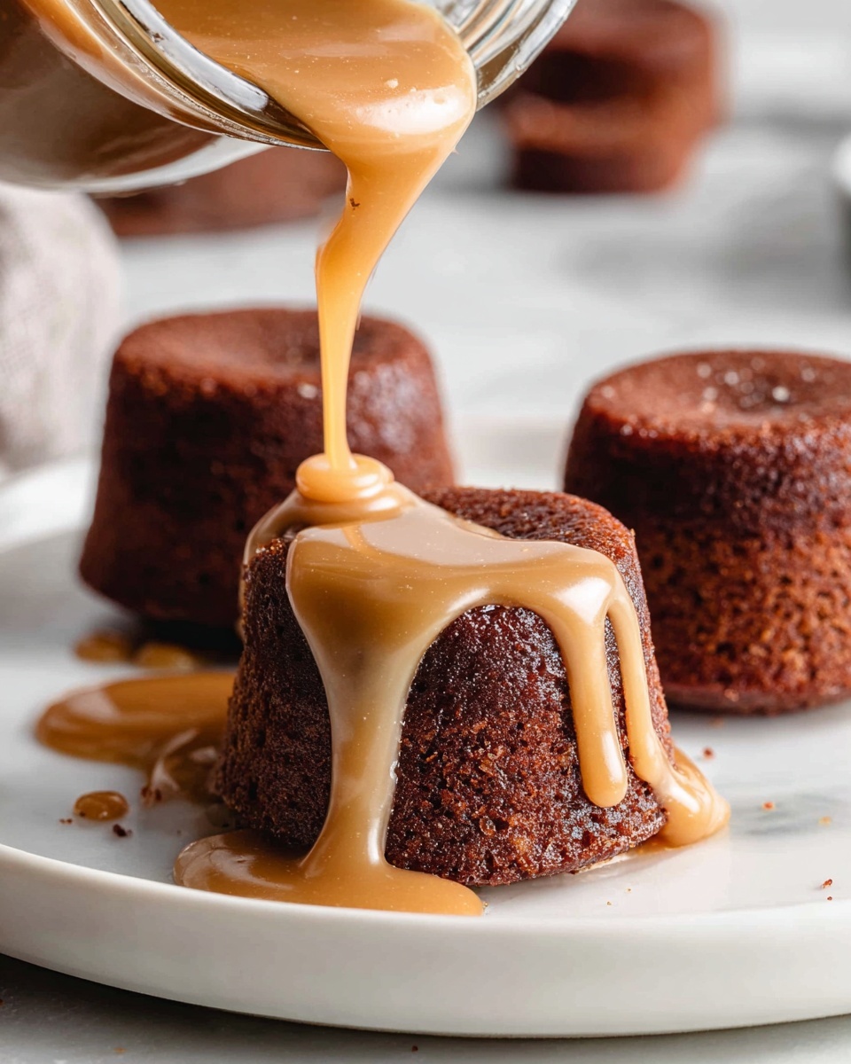 Three small round cakes are placed close together on a white plate. Each cake is covered with a thick, shiny brown sauce that drips down the sides and pools slightly at the base. On top of each cake, there are small pieces of chopped nuts adding texture. The surface beneath the plate is a white marbled texture with a few more nut pieces scattered around. The lighting highlights the glossy texture of the sauce and the rough texture of the cakes. photo taken with an iphone --ar 4:5 --v 7