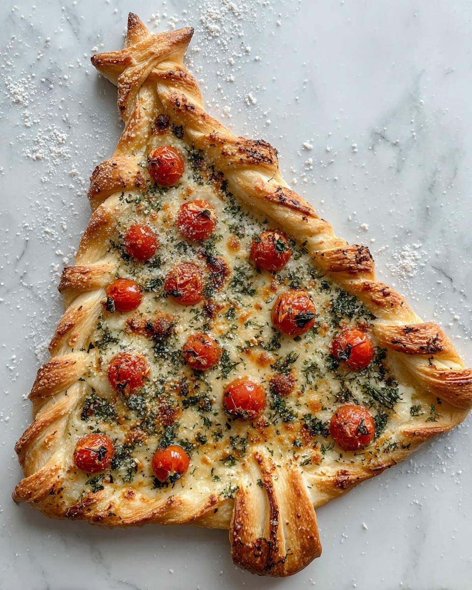 This image shows a baked pizza shaped like a Christmas tree on a white marbled surface. The pizza has a light golden crust with twisted layers forming the tree branches on both sides. The main body of the tree is flat and topped with small cooked cherry tomatoes evenly spread out. Green herb pieces are sprinkled across the top, along with grated cheese and a light dusting of black pepper. The tip of the tree has a small star shape made from dough topped with a cherry tomato. The twisted edges are slightly browned, adding texture and depth to the shape. photo taken with an iphone --ar 4:5 --v 7