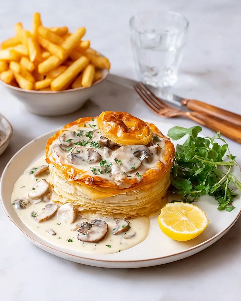 A round puff pastry pie stands on a white plate, layered with multiple golden flaky rings and topped with a smaller golden pastry lid. Creamy white mushroom sauce with visible mushroom slices spills over the side of the pie. Next to the pie is a small bunch of green fresh herbs and a lemon wedge with bright yellow flesh. Behind the pie, there is a neat pile of golden French fries with a slightly crisp texture. The plate sits on a white marbled surface with a wooden-handled fork beside it and a glass of water in the background. Photo taken with an iphone --ar 4:5 --v 7