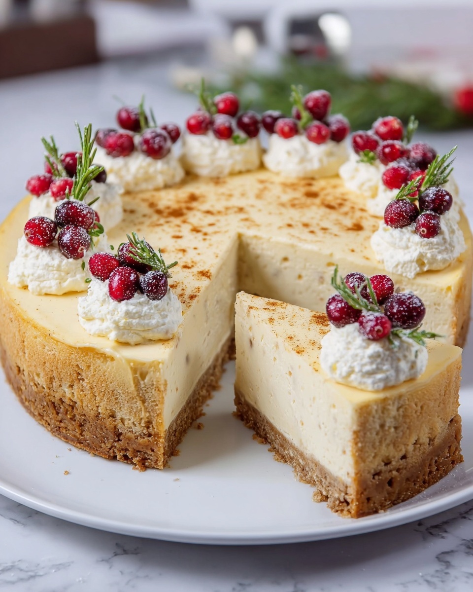 This image shows a round cheesecake on a white plate with three visible layers: a light brown crumbly base, a thick creamy pale yellow middle layer, and a smooth light golden top layer sprinkled lightly with cinnamon or nutmeg. One slice is removed and placed in front of the cake, showing the layers clearly. The top of the cheesecake is decorated with fluffy white dollops of whipped cream evenly spaced around the edge, each topped with red cranberries, some with a frosty sparkle, and small green sprigs of rosemary. The cake sits on a white marbled surface in a bright setting. Photo taken with an iphone --ar 4:5 --v 7