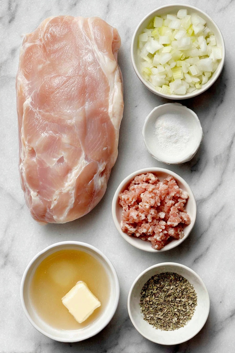 Flat lay of a whole skinless boneless turkey breast, a small mound of Italian sausage meat loose and raw, a few finely diced yellow onion pieces, some finely diced celery stalks, a small white bowl of golden softened unsalted butter, a small white bowl of light chicken broth, a small white bowl of kosher salt, a small white bowl of ground black pepper, a small white bowl of garlic powder, a neat pile of herb stuffing mix, placed on a clean white marble surface, soft natural light, photo taken with an iPhone, professional food photography style, fresh ingredients, white ceramic bowls, no bottles, no duplicates, no utensils, no packaging --ar 2:3 --v 7 --p m7354615311229779997 - Turkey Roulade with Sausage Stuffing, holiday turkey roulade, savory turkey stuffing, festive turkey dinner, stuffed turkey breast