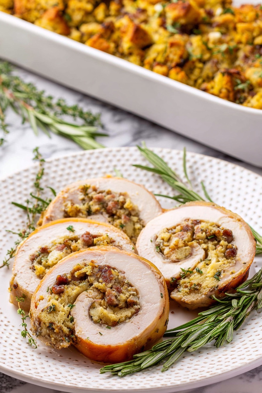 The image shows three thick slices of rolled turkey with a stuffing inside on a white plate with a dotted edge. The turkey skin is golden brown and slightly crispy, while the stuffing inside is a mix of light yellow and brown chunks, textured with herbs and small bits of sausage. There are fresh sprigs of green rosemary and thyme placed around the turkey slices on the plate. In the background, a white rectangular baking dish holds the same stuffing, which is a golden-brown mix with small visible herbs, resting on a white marbled surface. The photo taken with an iphone --ar 2:3 --v 7 - Turkey Roulade with Sausage Stuffing, holiday turkey roulade, savory turkey stuffing, festive turkey dinner, stuffed turkey breast