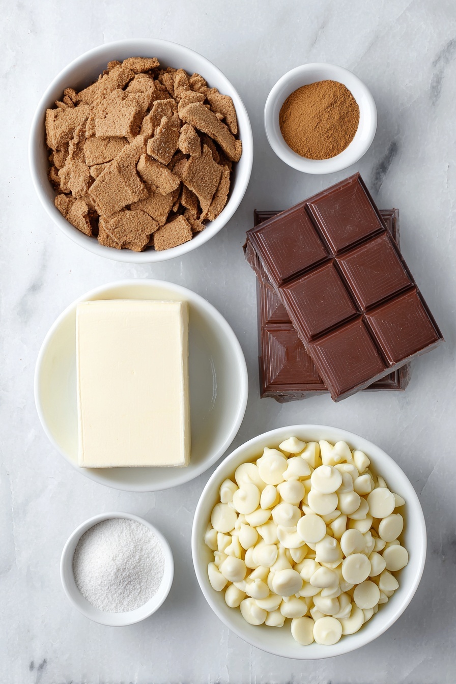 Flat lay of crushed gingerbread cookies in a simple white ceramic bowl, a whole block of cream cheese with one corner sliced revealing the creamy inside, a small white bowl with ground cinnamon powder, a small white bowl with ground nutmeg powder, a small white bowl with ground cloves powder, a small white bowl holding golden vanilla extract, and a simple white ceramic bowl filled with shiny white chocolate chips, placed on a clean white marble surface, soft natural light, photo taken with an iPhone, professional food photography style, fresh ingredients, white ceramic bowls, no bottles, no duplicates, no utensils, no packaging --ar 2:3 --v 7 --p m7354615311229779997 - Gingerbread Truffles, holiday treat ideas, no-bake gingerbread bites, festive dessert recipes, easy gingerbread sweets
