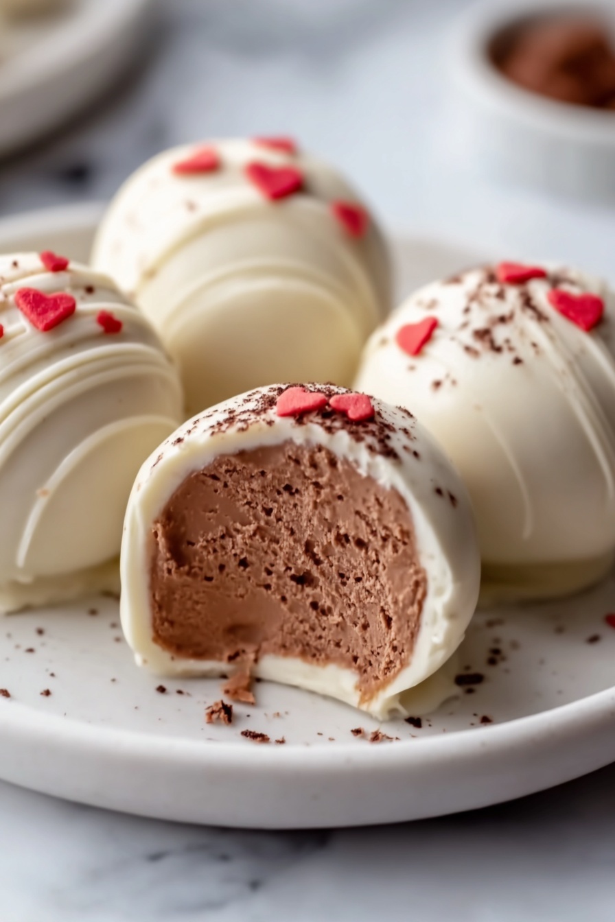 The image shows four round white chocolate-covered truffles placed on a white plate, which sits on a white marbled surface. Each truffle has a smooth, shiny white chocolate coating with a few small red heart-shaped sprinkles on top for decoration. One truffle is cut open to show the inside, revealing a rich, creamy milk chocolate filling with a soft texture. Some cocoa powder is lightly dusted on one of the truffles, adding a dark brown contrast to the white chocolate. The photo taken with an iphone --ar 2:3 --v 7 - Gingerbread Truffles, holiday treat ideas, no-bake gingerbread bites, festive dessert recipes, easy gingerbread sweets