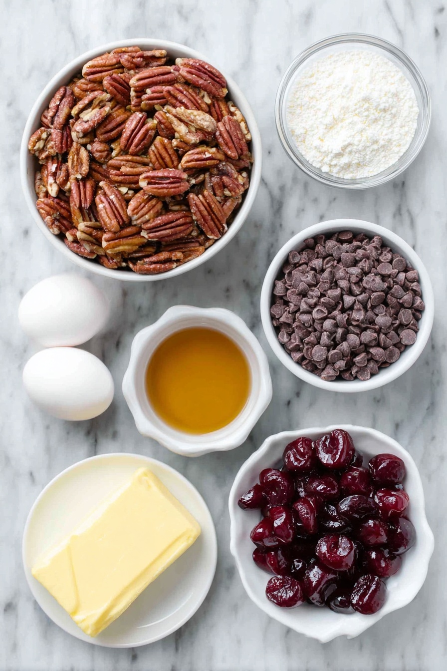 Flat lay of finely chopped pecans in a small white ceramic bowl, a small white bowl filled with amber bourbon liquid, finely chopped bright red maraschino cherries in a small white bowl, a stick of softened pale yellow butter on a white ceramic dish, a mound of white powdered sugar in a small white bowl, glossy semi-sweet chocolate chips in a small white bowl, two smooth white eggs, a small white bowl with solid white shortening or coconut oil, and bright red glossy candied cherry halves arranged neatly on a white ceramic plate, all placed on a clean white marble surface, soft natural light, photo taken with an iPhone, professional food photography style, fresh ingredients, white ceramic bowls, no bottles, no duplicates, no utensils, no packaging --ar 2:3 --v 7 --p m7354615311229779997 - Cherry Bourbon Balls, bourbon cherry treats, no-bake cherry candies, chocolate-coated bourbon snacks, boozy cherry confections