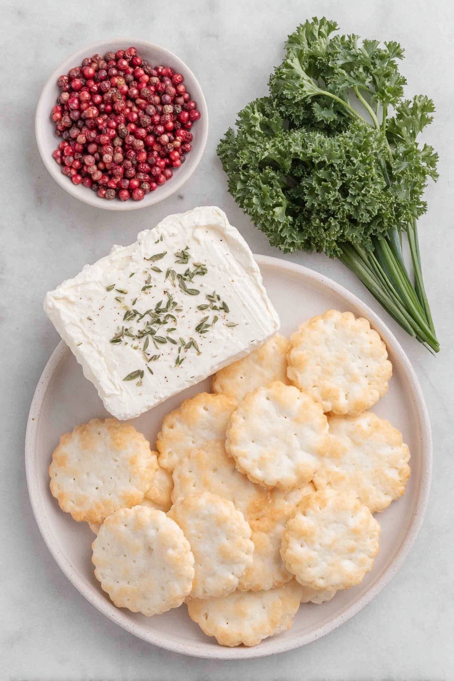 Flat lay of twelve round rice crackers arranged neatly, a small pile of fresh bright green curly parsley leaves, three long vibrant green chive stalks, a small square of creamy herbed goat cheese on a simple white ceramic plate, a cluster of a dozen vivid pink peppercorns in a small white ceramic bowl placed symmetrically, all placed on a clean white marble surface, soft natural light, photo taken with an iPhone, professional food photography style, fresh ingredients, white ceramic bowls, no bottles, no duplicates, no utensils, no packaging --ar 2:3 --v 7 --p m7354615311229779997 - Festive Goat Cheese Christmas Appetizer, holiday cheese appetizer, easy Christmas party snacks, holiday appetizer ideas, festive cheese bites
