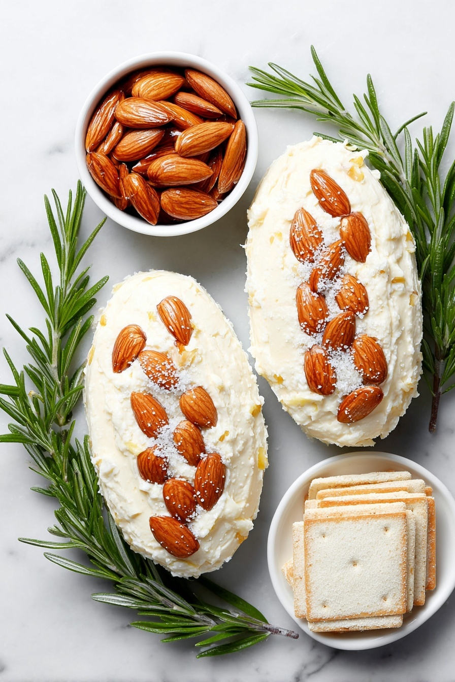 Flat lay of two oval-shaped mounds of creamy Neufchatel cheese mixed with shredded Gruyere cheese, one covered with whole toasted almonds arranged in neat rows, the other adorned with toasted sliced almonds similarly placed, six fresh rosemary sprigs with vibrant green needles artfully tucked around the cheese balls, a small white ceramic bowl filled with dry onion soup mix powder, and a simple white ceramic plate holding a neat stack of golden Wheat Thins crackers, all placed on a clean white marble surface, soft natural light, photo taken with an iPhone, professional food photography style, fresh ingredients, white ceramic bowls, no bottles, no duplicates, no utensils, no packaging --ar 2:3 --v 7 --p m7354615311229779997 - Pinecone Cheese Ball with Nuts and Rosemary, festive cheese ball, holiday appetizer recipes, rustic cheese ball ideas, cheese ball with nuts and herbs
