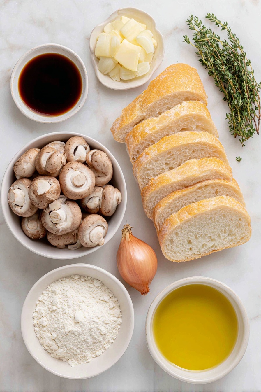 Flat lay of a small bunch of fresh thyme leaves, a cluster of whole cremini mushrooms, a single uncracked shallot with its natural skin, a fresh crusty baguette sliced into about fourteen thin pieces, a small white ceramic bowl filled with golden olive oil, another small white bowl containing dark amber sherry vinegar, a tiny white bowl with fine white flour, and a small bowl holding clear vegetable stock, all arranged with perfect symmetry on a clean white marble surface, soft natural light, photo taken with an iPhone, professional food photography style, fresh ingredients, white ceramic bowls, no bottles, no duplicates, no utensils, no packaging --ar 2:3 --v 7 --p m7354615311229779997 - Mushroom Thyme Crostini, Mushroom Crostini appetizer, Easy mushroom crostini, Gourmet mushroom crostini, Toasted bread with mushrooms