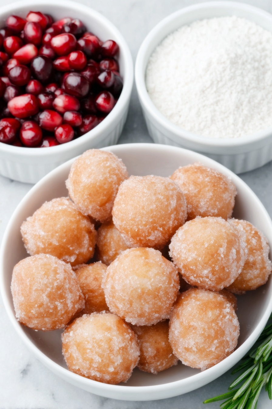 Flat lay of fresh golden donut holes dusted lightly with powdered sugar, a small white ceramic bowl filled with bright red pomegranate arils, several fresh green rosemary sprigs with vibrant needles, and a small white ceramic bowl holding fine white powdered sugar, all arranged symmetrically with balanced spacing, placed on a clean white marble surface, soft natural light, photo taken with an iPhone, professional food photography style, fresh ingredients, white ceramic bowls, no bottles, no duplicates, no utensils, no packaging --ar 2:3 --v 7 --p m7354615311229779997 - Christmas Donut Tree, Holiday Donut Tree, Festive Christmas Dessert, Christmas Tree Dessert Idea, Holiday Party Centerpiece