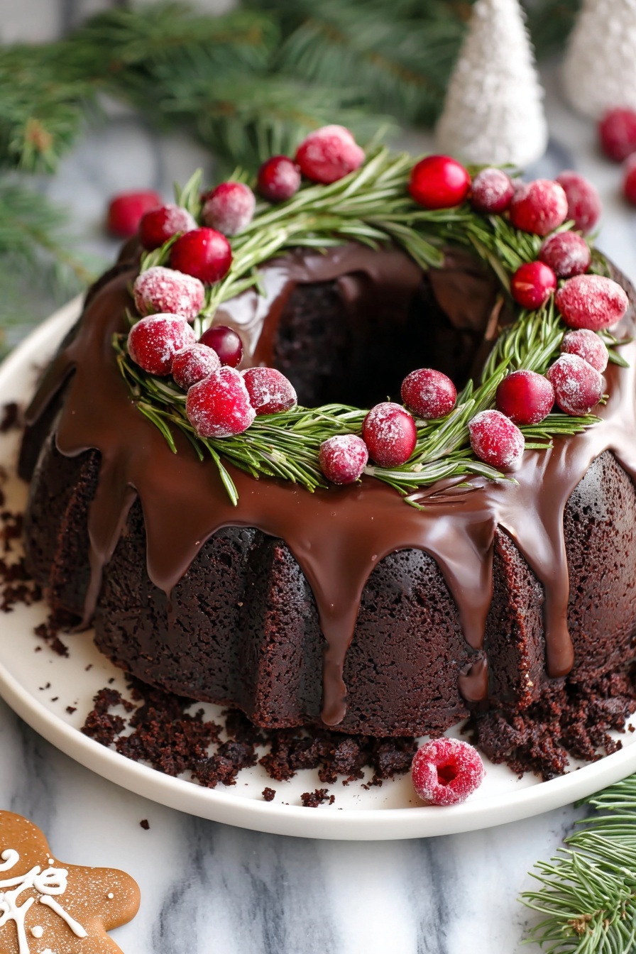 A dark chocolate bundt cake with one thick layer, covered with smooth chocolate glaze that drips down the sides. The top is decorated like a Christmas wreath with green rosemary sprigs arranged around the ring, topped with red raspberries and cranberries placed evenly on the glaze. The cake is on a white plate with crumbled chocolate pieces scattered around the base. The setting includes green pine branches and a small gingerbread man cookie near the plate, all on a white marbled surface. Photo taken with an iphone --ar 2:3 --v 7 - Gingerbread Chocolate Bundt Cake, festive chocolate cake, easy holiday dessert, spiced chocolate cake, moist bundt cake recipe