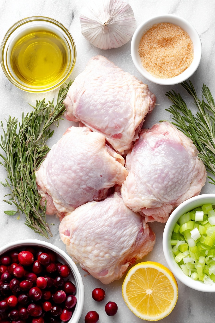 Flat lay of fresh whole bone-in skin-on chicken breasts and thighs arranged neatly, a small pile of bright red fresh cranberries, a small white ceramic bowl filled with golden brown sugar, a small white bowl holding clear white wine vinegar, a small bunch of vibrant green fresh rosemary sprigs, several whole uncracked garlic cloves with papery skins intact, a small white bowl of extra virgin olive oil, chopped pale green celery stalks, chopped large yellow onion pieces, a whole fresh lemon halved to show juicy bright yellow interior, a few sprigs of rosemary for garnish, placed on a clean white marble surface, soft natural light, photo taken with an iPhone, professional food photography style, fresh ingredients, white ceramic bowls, no bottles, no duplicates, no utensils, no packaging --ar 2:3 --v 7 --p m7354615311229779997 - Baked Cranberry Chicken with Rosemary, cranberry chicken recipe, holiday chicken dinner, festive chicken with cranberries, easy baked chicken with herbs