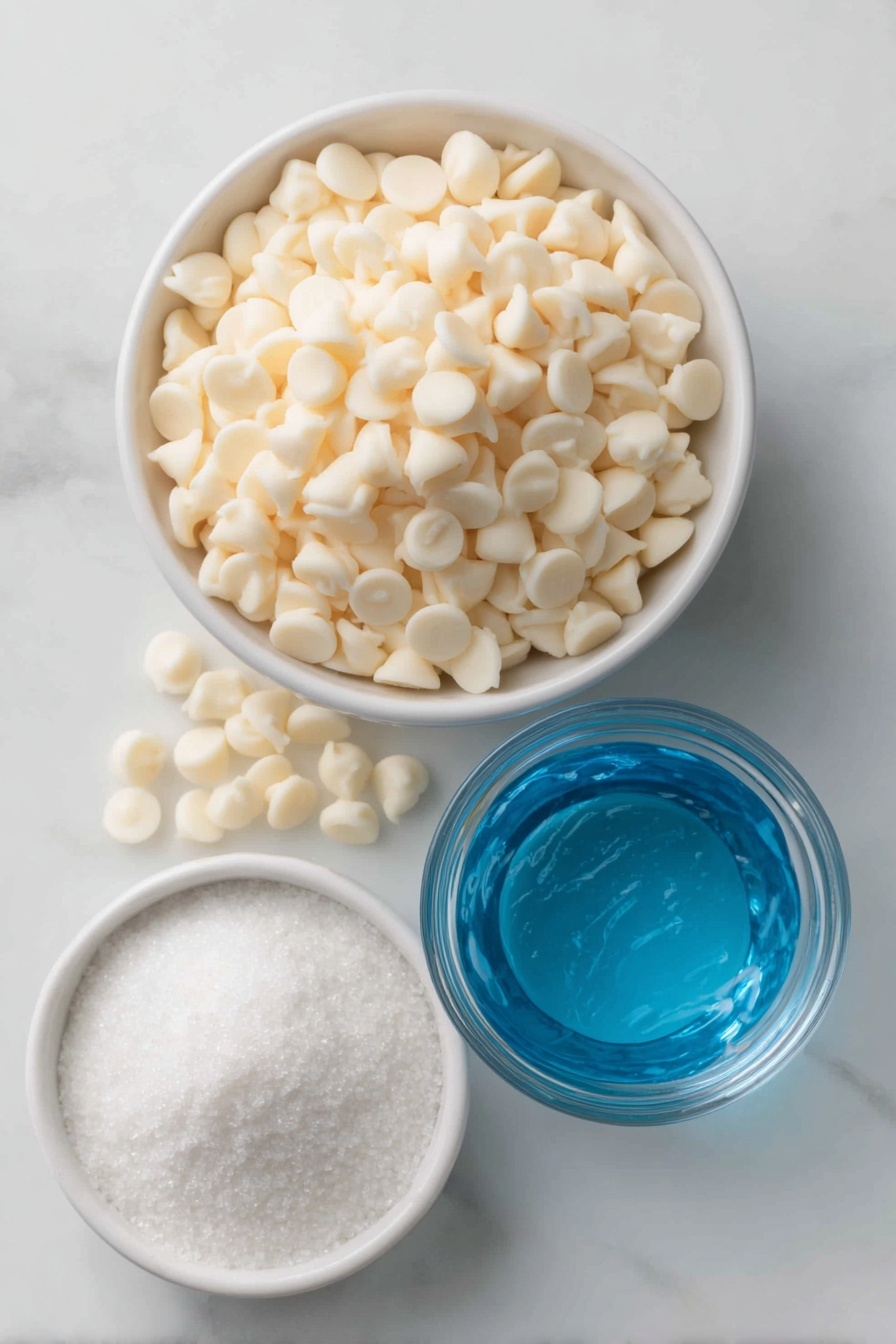 Flat lay of white chocolate chips scattered loosely, a small white ceramic bowl of heavy cream, a small white ceramic bowl filled with vibrant blue liquid Blue Curacao, and a small white ceramic bowl holding sparkling white sanding sugar, all arranged symmetrically and balanced, placed on a clean white marble surface, soft natural light, photo taken with an iPhone, professional food photography style, fresh ingredients, white ceramic bowls, no bottles, no duplicates, no utensils, no packaging --ar 2:3 --v 7 --p m7354615311229779997 - Blue Curacao White Chocolate Truffles, tropical chocolate truffles, easy white chocolate desserts, homemade liquor-infused truffles, colorful party treats