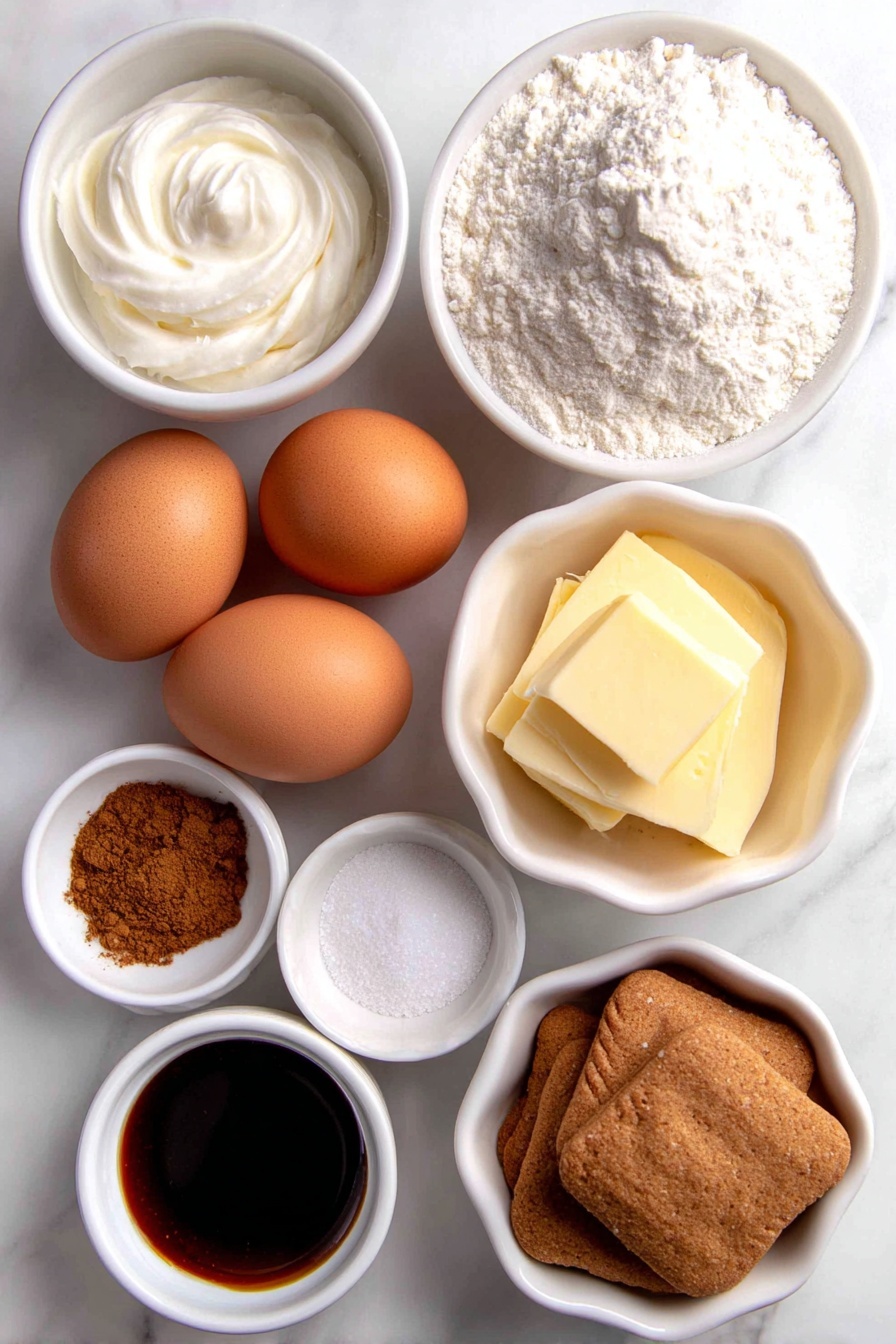 Flat lay of three whole brown eggs with clean shells, a small mound of all-purpose flour on a white ceramic plate, a small white bowl of ground cinnamon, a small white bowl of ground cloves, a small white bowl of ground ginger, a small white bowl of kosher salt, a small white bowl of baking soda, a small white bowl of dark molasses, a small pat of melted butter on a white ceramic dish, a small white bowl of granulated sugar, a small white bowl of confectioners’ sugar, a white ceramic bowl of softened cream cheese, a small pat of unsalted butter on a white ceramic dish, a small white bowl of vanilla extract, a small white bowl of minced crystallized ginger, a few gingerbread cookies placed simply, all arranged symmetrically and naturally fresh, placed on a clean white marble surface, soft natural light, photo taken with an iPhone, professional food photography style, fresh ingredients, white ceramic bowls, no bottles, no duplicates, no utensils, no packaging --ar 2:3 --v 7 --p m7354615311229779997 - Christmas Gingerbread Cake Roll, festive gingerbread cake, holiday dessert recipes, easy gingerbread cake, Christmas cake roll