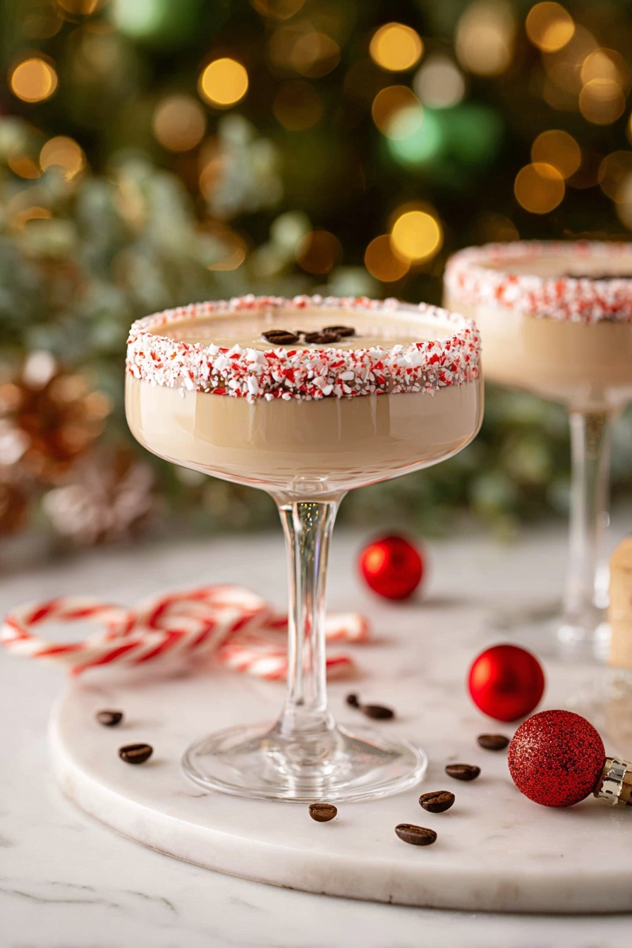 A creamy light brown cocktail fills a tall clear glass with a wide bowl, showing a smooth frothy top layer. The glass rim is coated with a dark chocolate layer and decorated with small red and white crushed candy pieces, creating a rough textured border. Three dark brown coffee beans float on the froth near the center. The glass stands on a white marbled surface scattered with red shiny Christmas ornaments, whole coffee beans, and red and white candy canes, with a blurry green and yellow light background. Photo taken with an iphone --ar 2:3 --v 7 - Peppermint Espresso Martini, festive cocktail, holiday martini, peppermint drink, coffee cocktail