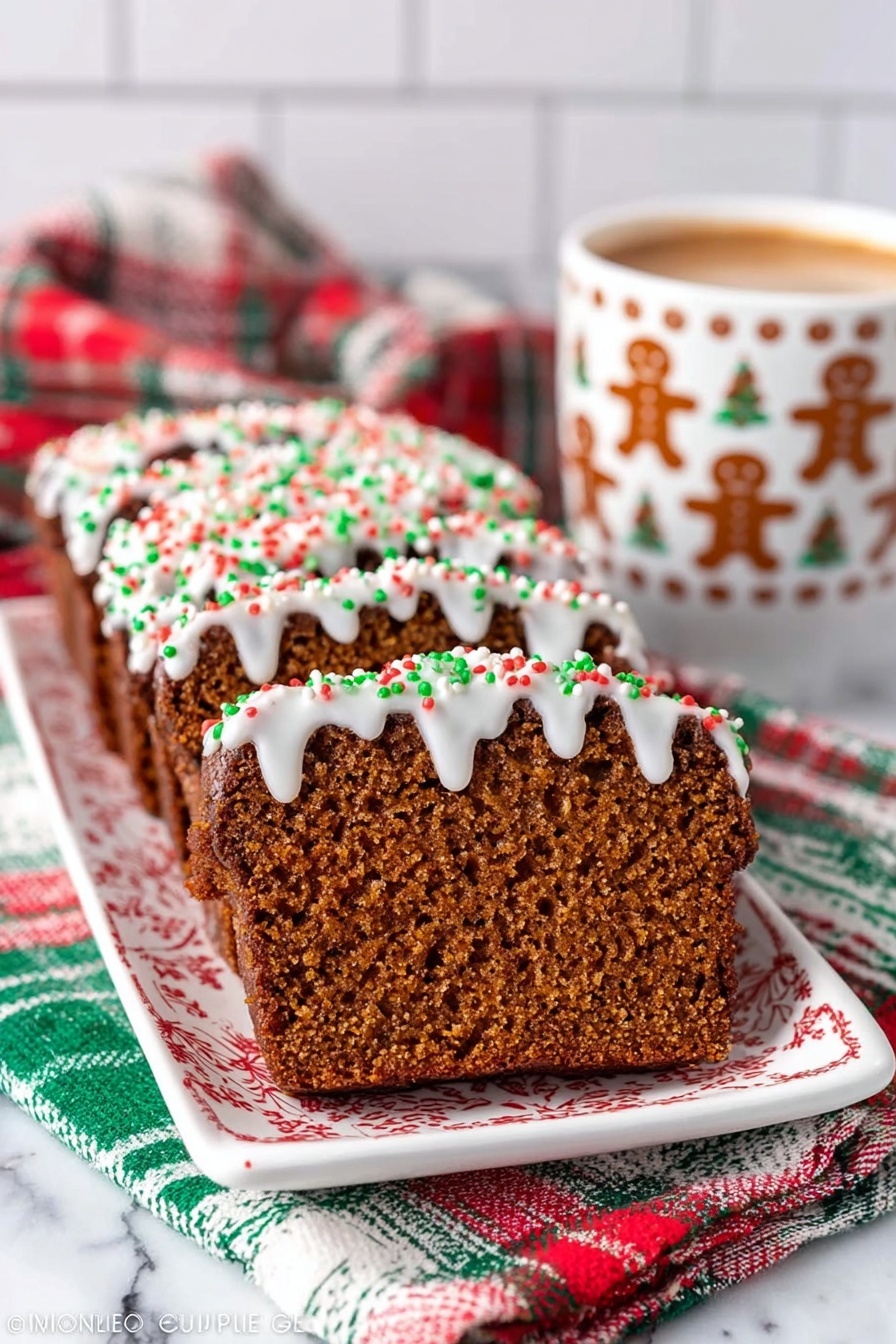 A thick brown loaf cake is sliced into several pieces and placed side by side on a white rectangular plate with red holiday patterns. Each slice has a rough texture and is topped with a wavy line of white icing sprinkled with red, green, and white tiny round and rod shapes. The plate rests on layered Christmas-themed cloths in white, green, and red with tree and plaid designs. In the blurred background, there is a white cup with gingerbread man patterns filled with a foamy beverage. The setting features a white marbled surface and white tiled background. Photo taken with an iphone --ar 2:3 --v 7 - Gingerbread Banana Bread, gingerbread banana bread recipe, easy banana bread with spices, festive banana bread, moist gingerbread bread