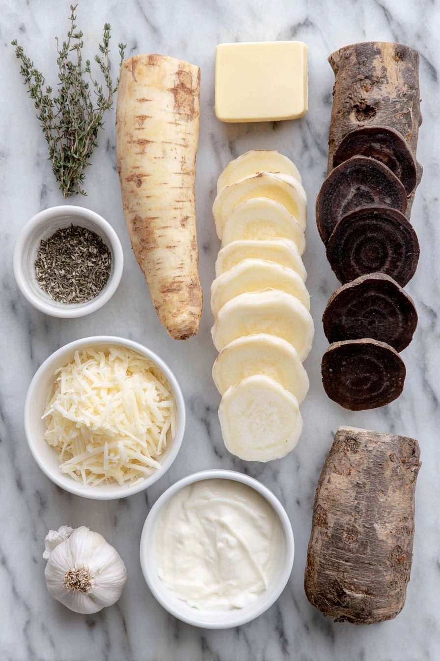 Flat lay of a small pat of unsalted butter, a long whole peeled sweet potato sliced in thin rounds, large peeled parsnips sliced in thin rounds, small peeled beets sliced in thin rounds, a small white bowl filled with heavy cream, a small white bowl of grated Parmesan cheese, a small white bowl of fresh minced thyme, a single garlic clove, a small white bowl with shredded Gruyere cheese, salt and pepper scattered naturally around, placed on a clean white marble surface, soft natural light, photo taken with an iPhone, professional food photography style, fresh ingredients, white ceramic bowls, no bottles, no duplicates, no utensils, no packaging --ar 2:3 --v 7 --p m7354615311229779997 - Cheesy Root Vegetable Gratin, hearty vegetable side dish, holiday vegetable casserole, cheesy root vegetable bake, layered root vegetable gratin