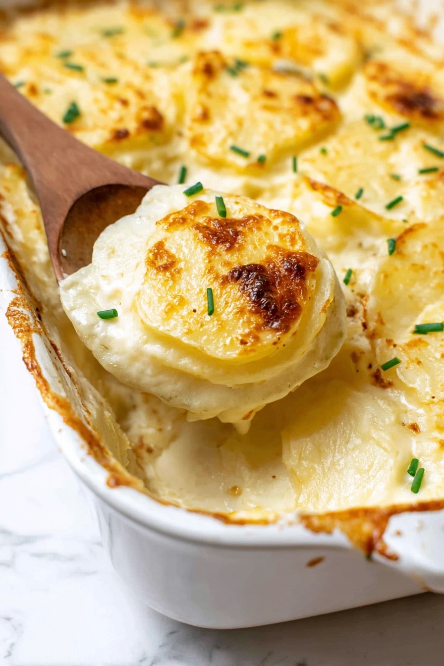 A white baking dish holds a creamy, pale yellow layered potato dish with a slightly browned top layer. The top layer has smooth, light golden patches with some browned edges and green chives sprinkled on it. A wooden spoon lifts a round spoonful from the dish, showing the creamy, soft texture of the potatoes beneath the thin, browned outer layer. The background is a white marbled texture. Photo taken with an iphone --ar 2:3 --v 7 - Creamy Baked Mashed Potatoes, creamy mashed potatoes, baked mashed potatoes, cheesy mashed potatoes, holiday comfort food