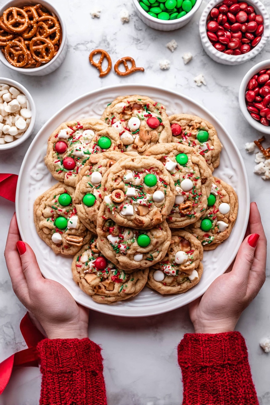 A white round plate is full of soft cookies stacked in two layers, with the top layer showing about seven cookies. Each cookie is light brown with bright red and green candy pieces on top, along with white chips and small pretzel pieces embedded inside. Green and red sprinkles scattered across the cookies add extra color. A woman's two hands with red painted nails holding the plate on either side, wearing a red sweater. The plate sits on a white marbled surface with small white bowls filled with pretzels, green and red candies, and white chips around it. A red ribbon is also visible near the right side. Photo taken with an iphone --ar 2:3 --v 7 - Christmas Cookie Sink Cookies, holiday cookie recipes, festive cookie ideas, easy Christmas treats, best holiday cookies