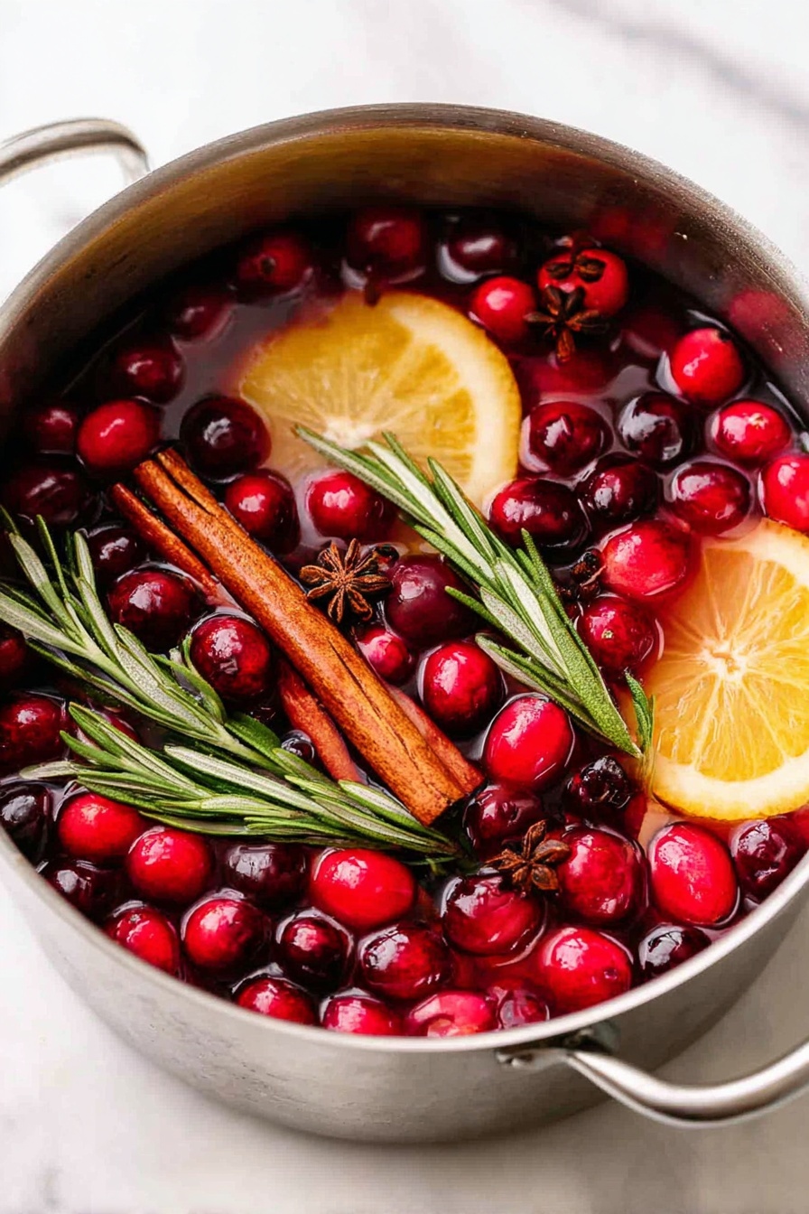 A metal pot filled with a mix of bright red and dark red cranberries floating on top, along with two whole cinnamon sticks laying diagonally across the surface. There are two large, yellow-orange lemon slices partially submerged, adding a bright color contrast. Green sprigs of rosemary are placed among the cranberries, and small brown cloves are scattered throughout, creating a warm and cozy look. The pot sits on a white marbled surface. photo taken with an iphone --ar 2:3 --v 7 - Christmas Potpourri, holiday stovetop potpourri, natural Christmas scent, festive home fragrance, Christmas aromatherapy