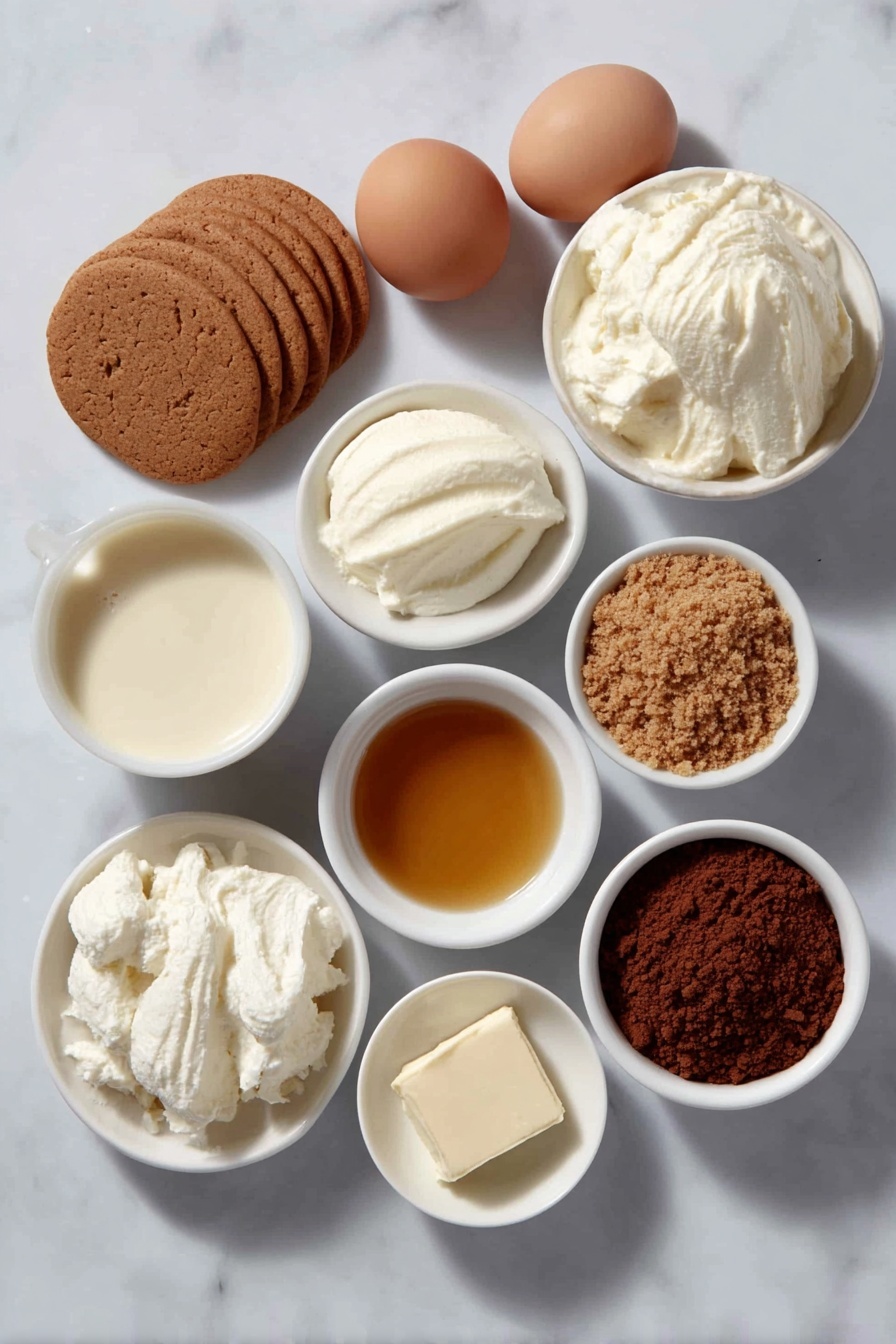 Flat lay of two whole uncracked brown eggs, a small mound of mascarpone cheese on a white ceramic plate, a small white bowl of thick heavy cream, a small white bowl of rich eggnog, a small white bowl filled with hot coffee, a small white bowl containing golden rum extract, a neat stack of round gingerbread cookies, a small white bowl of powdered sugar, a small white bowl of cocoa powder, and a small white bowl with crushed gingerbread cookie crumbs, all arranged in perfect symmetry on a clean white marble surface, soft natural light, photo taken with an iPhone, professional food photography style, fresh ingredients, white ceramic bowls, no bottles, no duplicates, no utensils, no packaging --ar 2:3 --v 7 --p m7354615311229779997 - Gingerbread Tiramisu, gingerbread tiramisu dessert, holiday gingerbread tiramisu, festive tiramisu with gingerbread, no-bake gingerbread dessert