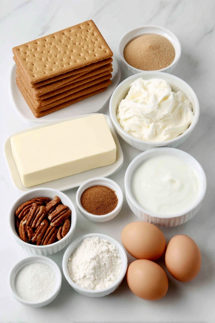 Flat lay of whole graham crackers stacked neatly, a small white ceramic bowl filled with pecan halves, another white bowl containing light brown sugar, a white bowl holding melted butter, a round block of full-fat cream cheese with smooth surface, a small white bowl of sour cream, a white bowl filled with granulated sugar, four whole large brown eggs with clean shells arranged symmetrically, a small white bowl with all-purpose flour, a small white bowl of clear vanilla extract, a small white bowl of salt, chopped pecan halves in a white bowl, a small white bowl filled with heavy cream, a small white bowl of ground cinnamon, a small white bowl of butter, all placed on a clean white marble surface, soft natural light, photo taken with an iPhone, professional food photography style, fresh ingredients, white ceramic bowls, no bottles, no duplicates, no utensils, no packaging --ar 2:3 --v 7 --p m7354615311229779997 - Pecan Cheesecake Bars, easy pecan cheesecake bars, no-bake pecan dessert, holiday cheesecake bars, decadent pecan cheesecake