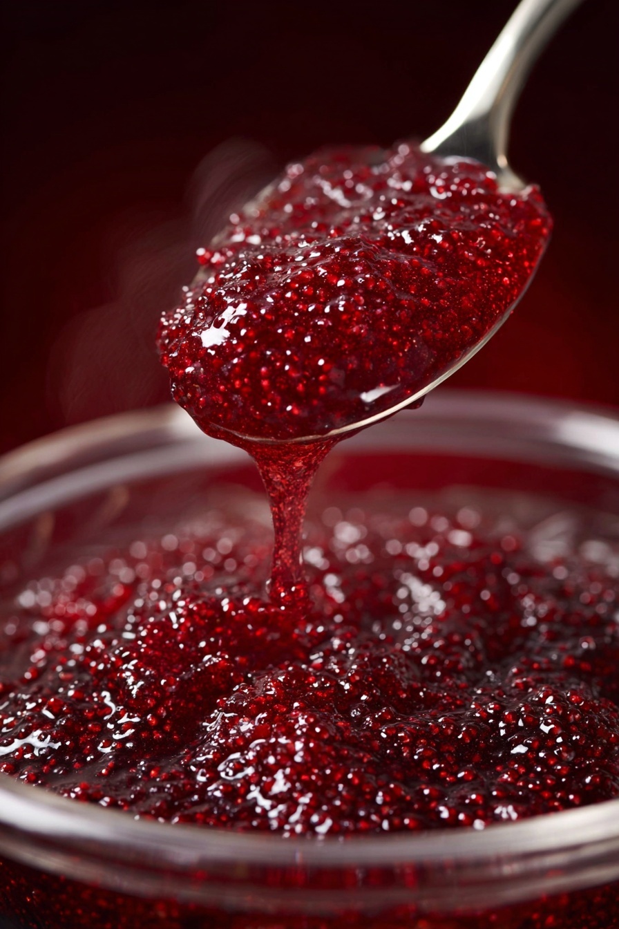 A close-up image shows a thick, deep red jam with many tiny white seeds, held on a shiny metal spoon above a clear white bowl filled with the same jam. The jam looks sticky and shiny, with a smooth but slightly bumpy texture from the seeds, and some steam rises from it, showing it is warm. The background is dark red, and the jam is dripping slowly from the spoon back into the bowl. photo taken with an iphone --ar 2:3 --v 7 - Easy Cranberry Strawberry Crockpot Jam, homemade cranberry strawberry jam, crockpot fruit preserves, holiday jam recipes, simple fruit jam recipe