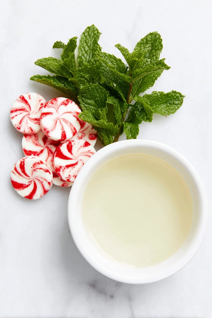 Flat lay of a small pile of fresh, round peppermint disks with red and white swirls, a tall white ceramic bowl filled with clear unflavored vodka, placed on a clean white marble surface, soft natural light, photo taken with an iPhone, professional food photography style, fresh ingredients, white ceramic bowls, no bottles, no duplicates, no utensils, no packaging --ar 2:3 --v 7 --p m7354615311229779997 - Candy Cane Vodka Shots, festive holiday drink, peppermint vodka shot, holiday cocktail recipe, Christmas party shots
