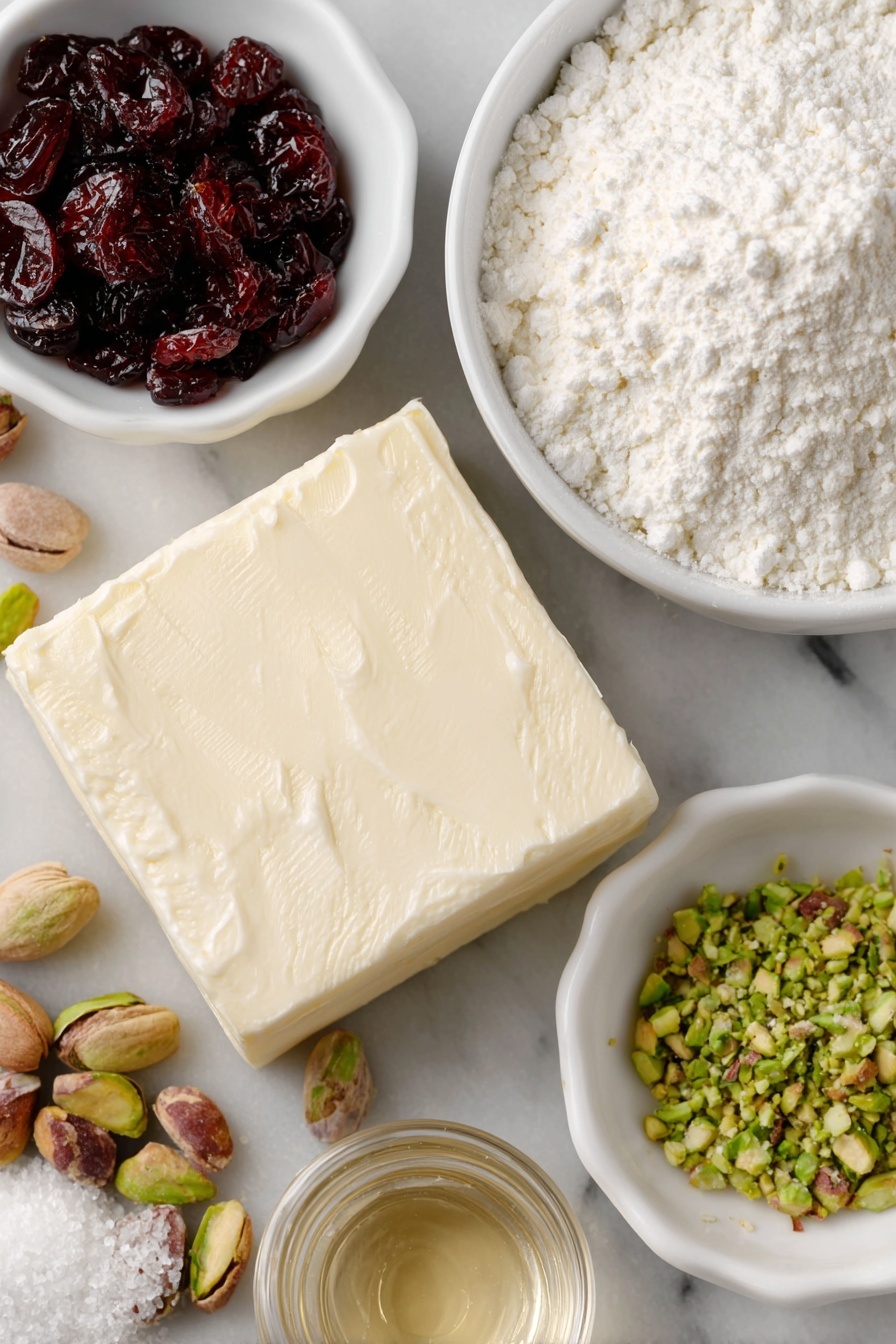 Flat lay of unsalted butter in a small square slab, a small white ceramic bowl filled with powdered sugar, a small white bowl with pale golden vanilla extract, a small mound of all-purpose flour, a pinch of fine baking powder in a tiny white bowl, a small white bowl of fine salt, a small mound of finely chopped vibrant green pistachios, a small heap of bright red dried cranberries, a small white bowl with pale cornstarch powder, additional chopped pistachios and dried cranberries scattered delicately nearby, placed on a clean white marble surface, soft natural light, photo taken with an iPhone, professional food photography style, fresh ingredients, white ceramic bowls, no bottles, no duplicates, no utensils, no packaging --ar 2:3 --v 7 --p m7354615311229779997 - Pistachio Cranberry Wreath Cookies, festive holiday cookies, easy holiday cookie recipe, Christmas wreath cookies, holiday dessert ideas