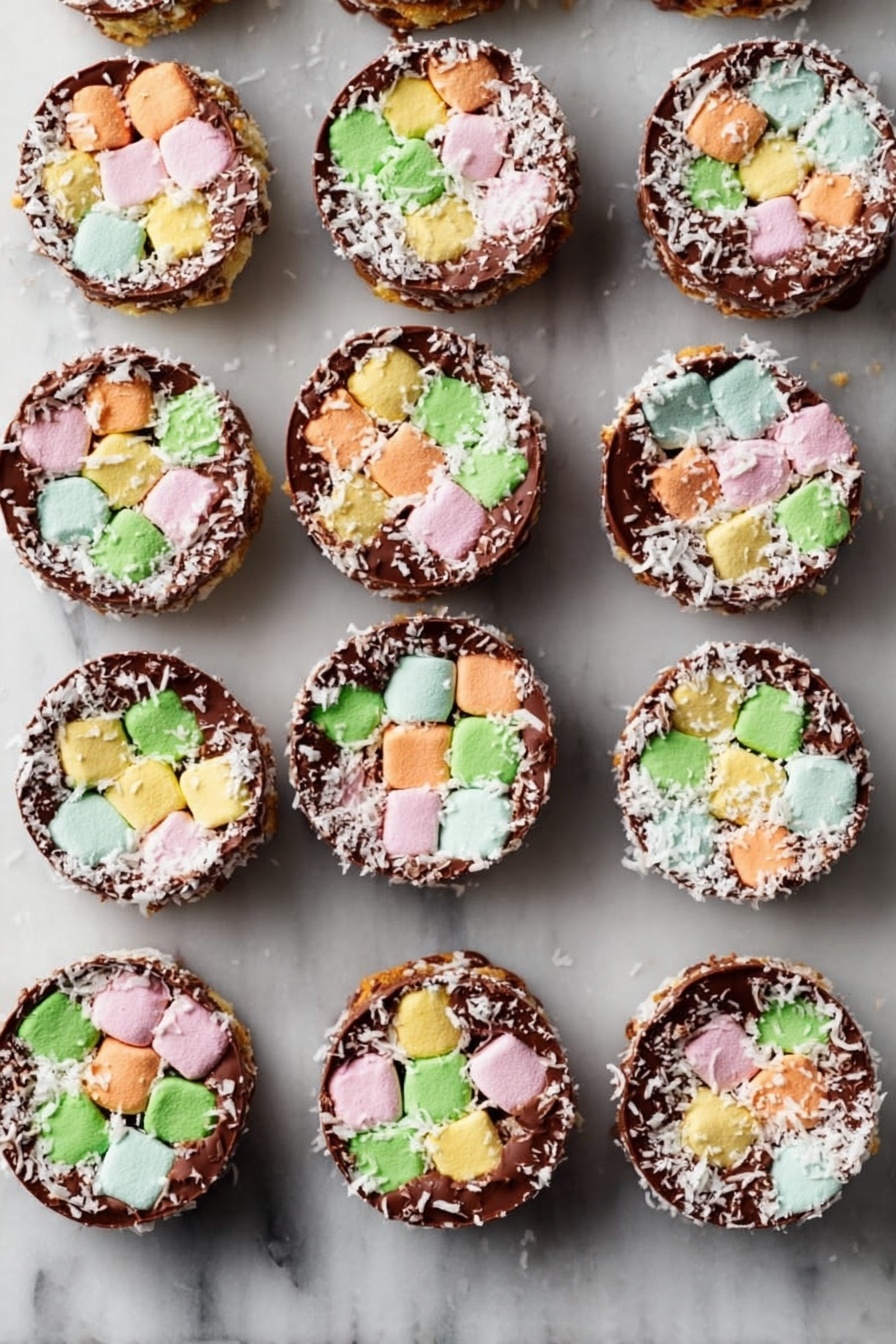 The image shows 15 round treats made of colorful mini marshmallows in pastel colors like pink, green, yellow, and orange, all stuck together with a shiny dark brown chocolate layer, each treat about the same size and shape. Some treats have crispy white coconut flakes around their edges, adding a rough white texture. They are placed neatly in rows on a white marbled surface, each treat spaced apart evenly. The marshmallows are arranged tightly in a single thick layer inside the chocolate base, making each round treat look chunky and colorful. photo taken with an iphone --ar 2:3 --v 7 - No-Bake Church Window Cookies, easy no-bake cookies, festive holiday treats, colorful chocolate cookies, Christmas dessert recipes