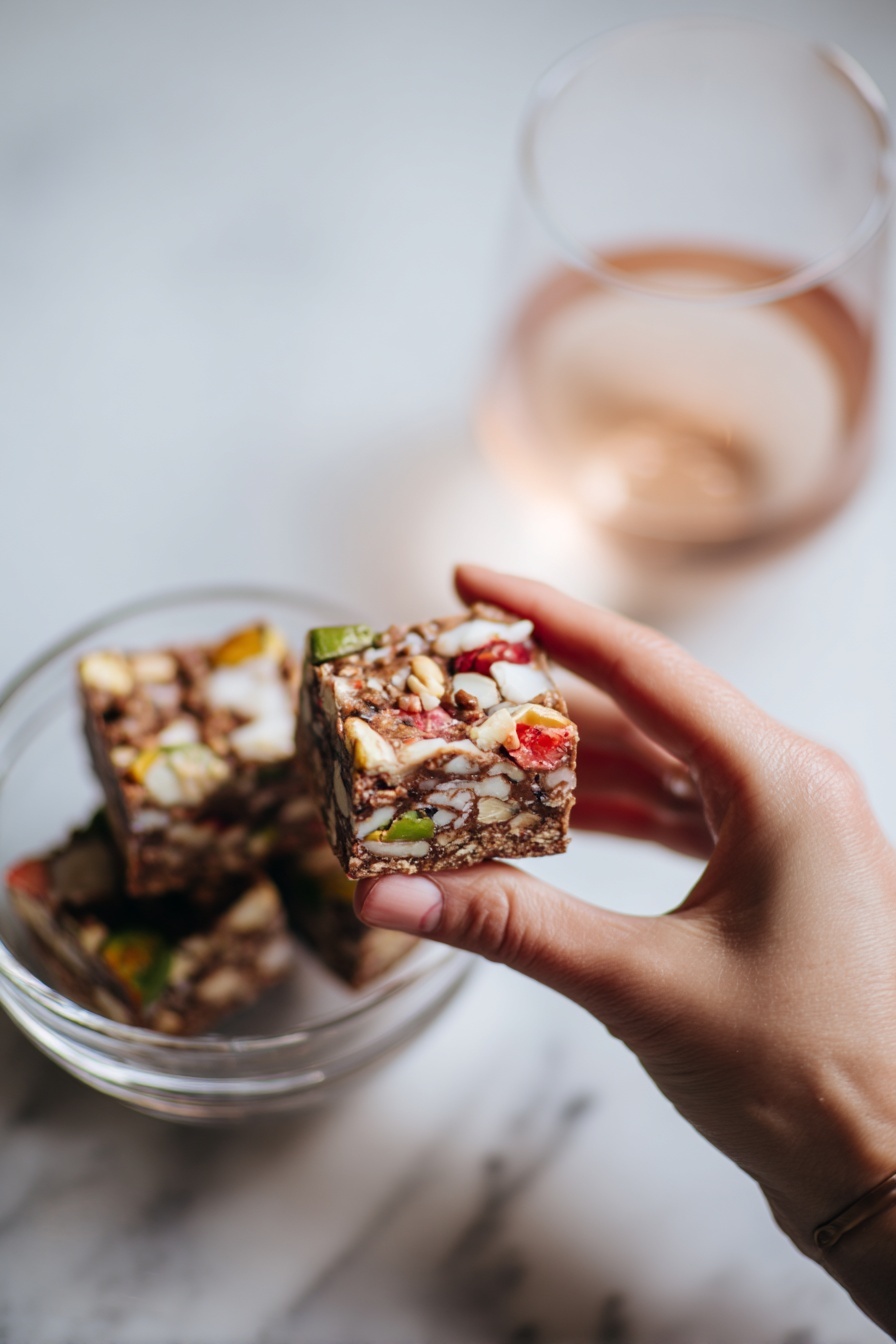 The image shows a round dessert with a rich dark brown chocolate base that has a smooth texture. On the chocolate surface, there are many irregular, soft pastel-colored pieces embedded throughout, in green, light yellow, pink, and orange shades, creating a mosaic effect. Around the edge of the dessert, there are white shredded coconut flakes adding a rough texture border. The dessert is placed directly on a white marbled surface, which provides a clean and bright background. Photo taken with an iphone --ar 2:3 --v 7 - No-Bake Church Window Cookies, easy no-bake cookies, festive holiday treats, colorful chocolate cookies, Christmas dessert recipes