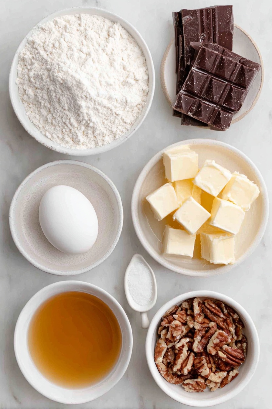 Flat lay of a small mound of all-purpose flour, a small bowl of confectioners' sugar, a few cubes of softened butter, a small white bowl filled with sweetened condensed milk, a single large whole egg with a clean shell, a small white bowl of vanilla extract, a tiny pinch of salt on a white ceramic spoon-shaped dish, a small white bowl of milk chocolate English toffee bits, and a small white bowl of chopped pecans, all arranged in perfect symmetry on a clean white marble surface, soft natural light, photo taken with an iPhone, professional food photography style, fresh ingredients, white ceramic bowls, no bottles, no duplicates, no utensils, no packaging --ar 2:3 --v 7 --p m7354615311229779997 - Chocolate Toffee Pecan Bread Pudding Bars, indulgent dessert bars, easy bread pudding with pecans, chocolate toffee dessert recipe, crunchy pecan bars
