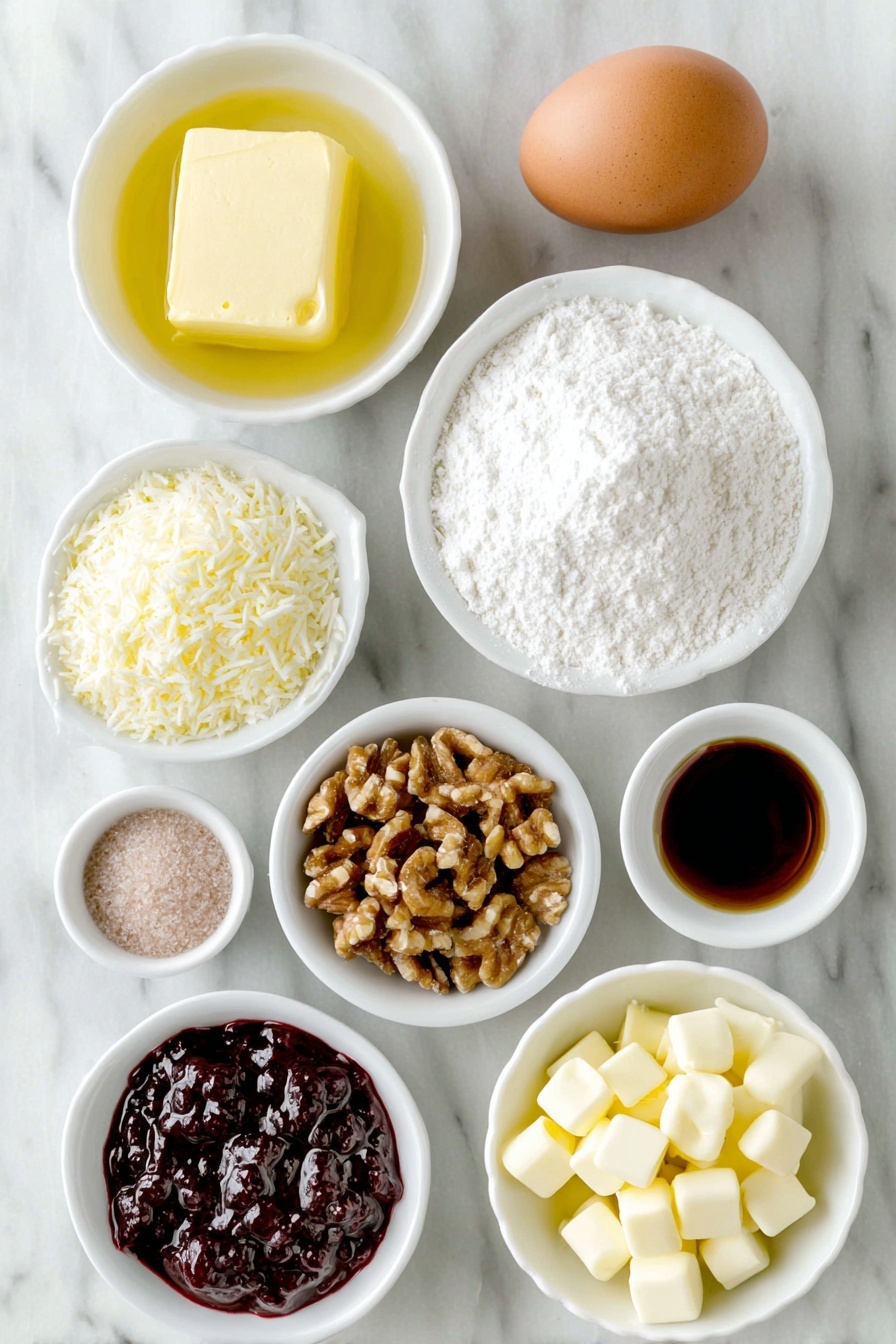 Flat lay of a small mound of softened butter, a small white bowl of granulated sugar, a single large brown egg with a clean shell, a small white bowl of clear vanilla extract, a small pile of all-purpose flour, a small pinch of baking powder on white ceramic, a small heap of sweetened shredded coconut, a small pile of chopped walnuts, a small white bowl filled with glossy raspberry preserves, and a small handful of white baking chips, all arranged with perfect symmetry on simple white ceramic plates and bowls placed on a clean white marble surface, soft natural light, photo taken with an iPhone, professional food photography style, fresh ingredients, white ceramic bowls, no bottles, no duplicates, no utensils, no packaging --ar 2:3 --v 7 --p m7354615311229779997 - Raspberry Coconut Bars, Raspberry Coconut Bars Recipe, Easy Raspberry Coconut Bars, Tropical Fruit Bars, No-Bake Raspberry Coconut Bars