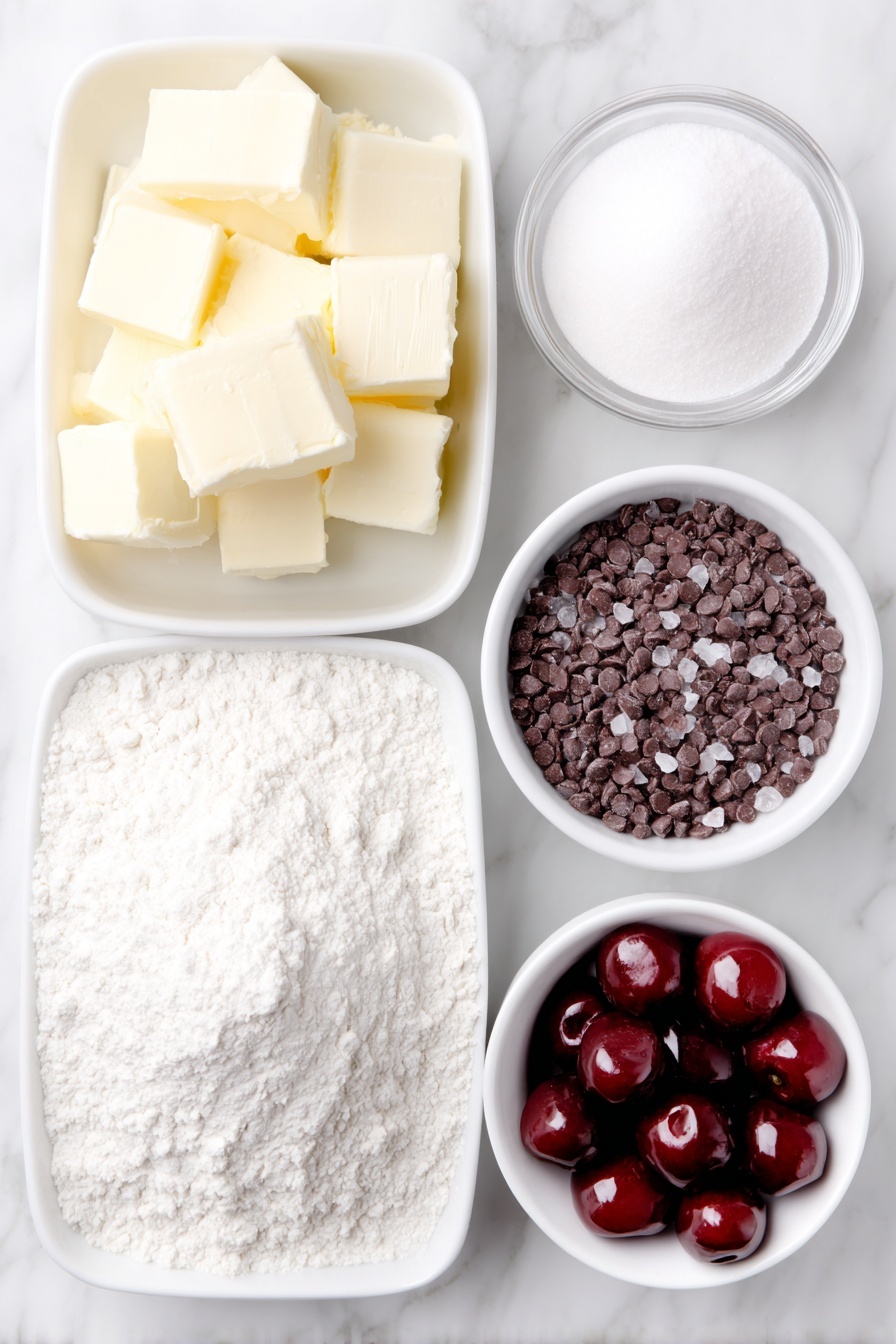 Flat lay of a small pile of unsalted butter cubes, a small white bowl filled with powdered sugar, a small white bowl of clear vanilla extract, a mound of all-purpose flour, a few whole maraschino cherries with glossy red skins, a small white bowl holding shiny dark chocolate chips, and a small white bowl with fine salt crystals, all arranged in perfect symmetry on a clean white marble surface, soft natural light, photo taken with an iPhone, professional food photography style, fresh ingredients, white ceramic bowls, no bottles, no duplicates, no utensils, no packaging --ar 2:3 --v 7 --p m7354615311229779997 - Maraschino Cherry Shortbread Cookies, cherry shortbread cookies, holiday shortbread cookies, buttery cherry cookies, chocolate chip shortbread