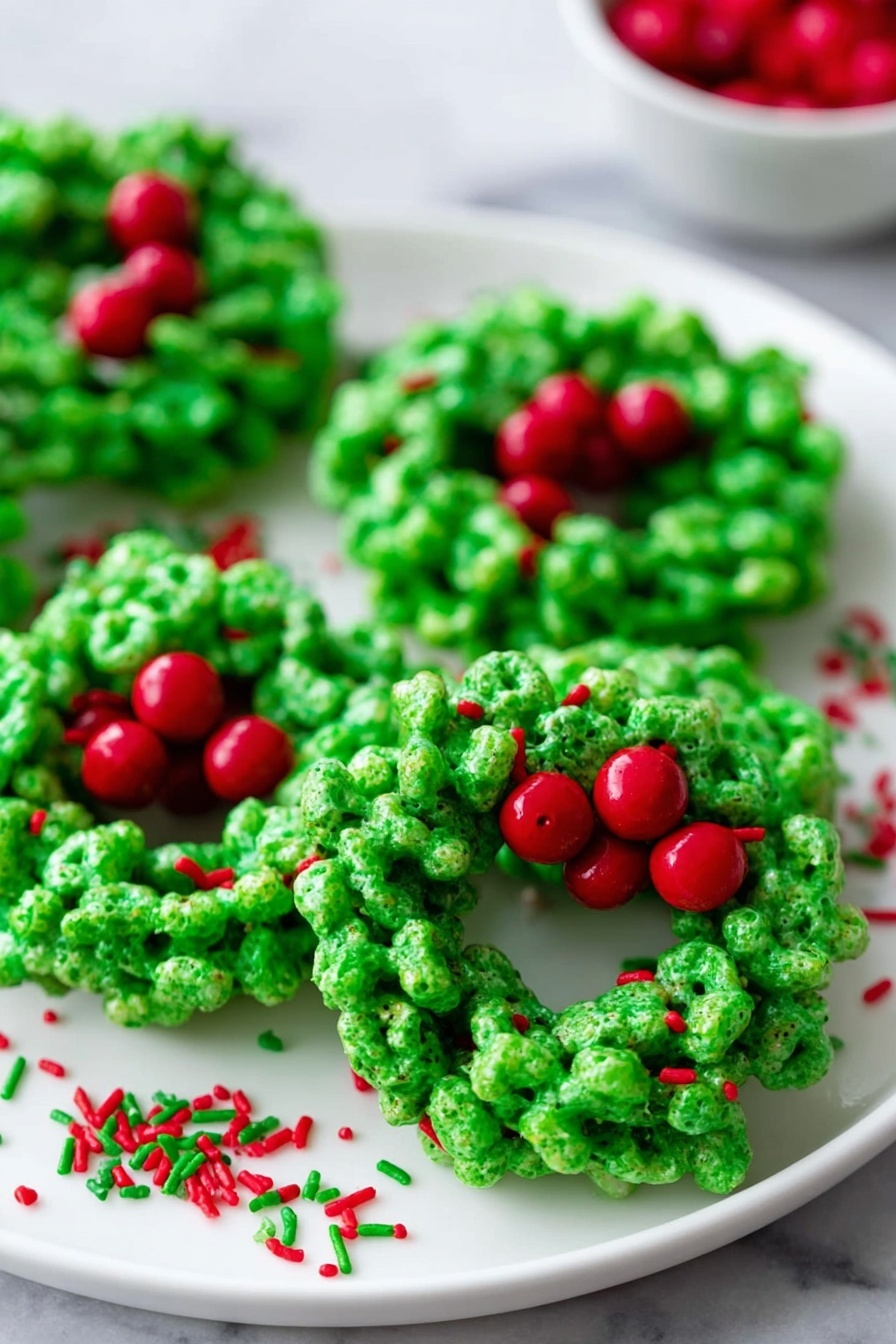 The image shows several small wreath-shaped treats placed closely on a white plate. Each wreath has a bright, shiny green color with a bumpy texture made from clusters of puffed cereal stuck together, shaped into a ring. On top of each green wreath, there are clusters of three shiny red candy pieces, resembling berries. Around the wreaths on the plate are scattered small red and green sprinkles, adding extra color and detail. The background includes a smooth white marbled surface. photo taken with an iphone --ar 2:3 --v 7 - Christmas Wreath Cookies, holiday cookie ideas, easy Christmas treats, festive Christmas baking, kid-friendly holiday recipes