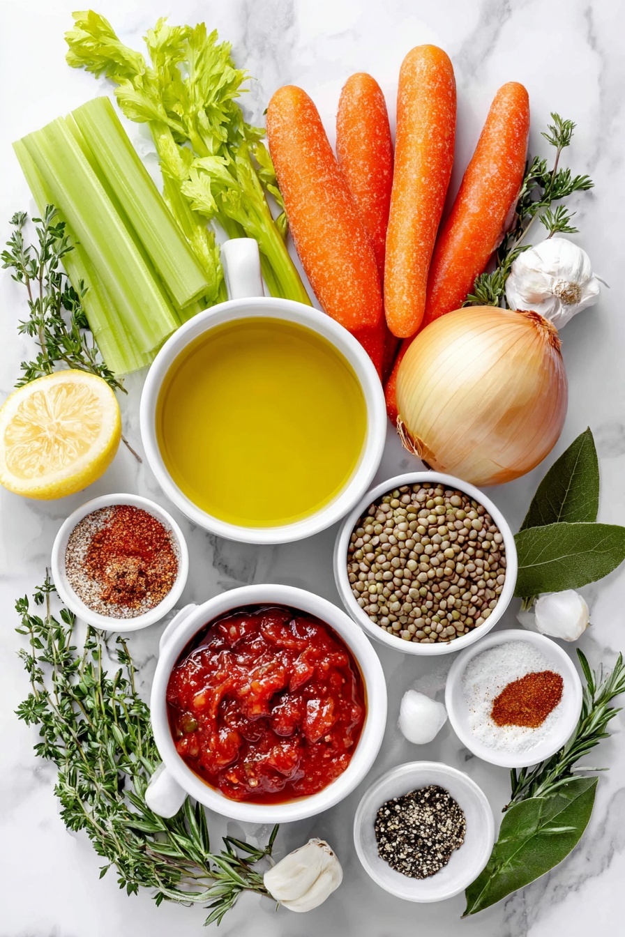 Flat lay of a small white ceramic bowl with golden olive oil, a whole yellow onion with papery skin, three fresh orange carrots sliced, two bright green celery stalks sliced, a small white bowl holding deep red tomato paste, three whole garlic cloves with skins on, a tiny white bowl containing mixed Italian seasoning herbs, a tiny white bowl with red paprika powder, a tiny white bowl with brown cumin powder, two fresh green bay leaves, a small heap of black peppercorns, a neat pile of dry green lentils, a small white bowl filled with crushed ripe red tomatoes, a small white bowl of clear vegetable broth, a small white bowl of fresh lemon juice, and a few sprigs of bright green chopped parsley placed on a clean white marble surface, soft natural light, photo taken with an iPhone, professional food photography style, fresh ingredients, white ceramic bowls, no bottles, no duplicates, no utensils, no packaging --ar 2:3 --v 7 --p m7354615311229779997 - Easy Classic Lentil Soup, hearty lentil soup recipe, nutritious lentil soup, simple lentil soup, comforting healthy soup