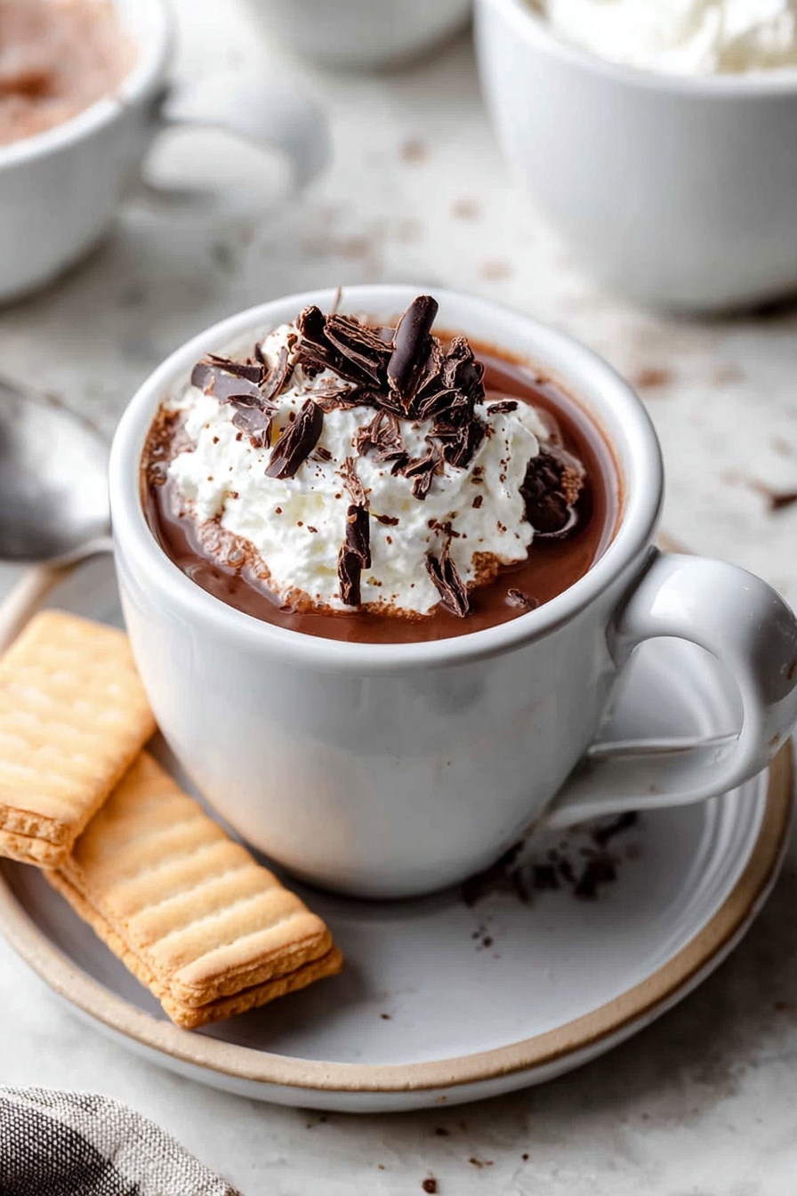 A white mug filled with warm dark brown liquid topped with a thick layer of white whipped cream. On top of the cream, there are several dark chocolate curls sprinkled, adding texture. The mug sits on a white plate with two light tan rectangular biscuits beside it. The scene is set on a white marbled texture. In the background, there are other white dishes partially visible, one filled with more whipped cream and another cup of the same drink. Photo taken with an iphone --ar 2:3 --v 7 - European Hot Chocolate, rich European hot chocolate, indulgent hot chocolate, velvety hot chocolate recipe, decadent hot cocoa