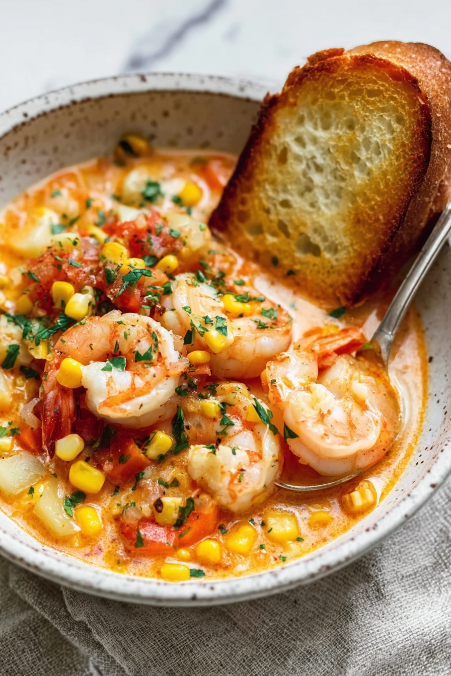 A white speckled bowl is filled with a creamy orange soup base, topped with several layers: large pink shrimp, small yellow corn kernels, finely chopped orange carrots, small pale diced potatoes, bits of tomato, and sprinkled green herbs. Two golden brown toasted bread slices lean against the inside edge of the bowl on the right side. A spoon is partially visible inside the bowl on the right, scooping some shrimp and vegetables. The bowl is set on a textured light gray cloth over a white marbled surface. photo taken with an iphone --ar 2:3 --v 7 - Shrimp and Chorizo Chowder, seafood and chorizo soup, easy shrimp chowder, comforting seafood chowder, quick weeknight seafood recipes