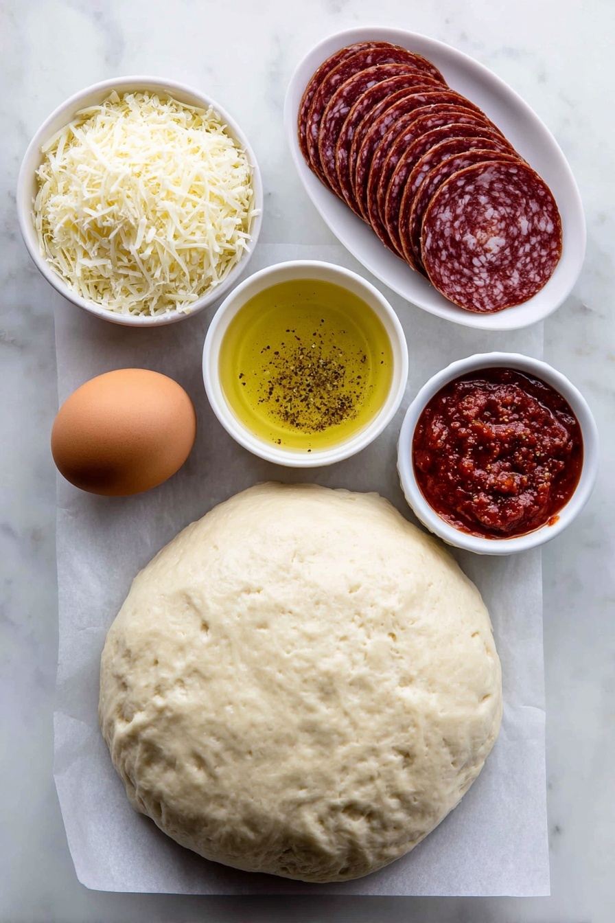 Flat lay of a smooth, unrolled ball of fresh pizza dough resting on white parchment paper, a small white bowl with melted golden butter mixed with Italian seasoning and garlic powder, a neat stack of thin, round bright red pepperoni slices, a small white bowl filled with shredded mozzarella cheese, one large whole brown egg with a clean shell, a small white bowl holding finely grated pale parmesan cheese, and a small white bowl containing rich red marinara sauce, all arranged in perfect symmetry on a simple white ceramic surface, placed on a clean white marble surface, soft natural light, photo taken with an iPhone, professional food photography style, fresh ingredients, white ceramic bowls, no bottles, no duplicates, no utensils, no packaging --ar 2:3 --v 7 --p m7354615311229779997 - Cheesy Pepperoni Rolls, easy pepperoni appetizer, cheesy snack recipes, party appetizer ideas, savory Italian snacks