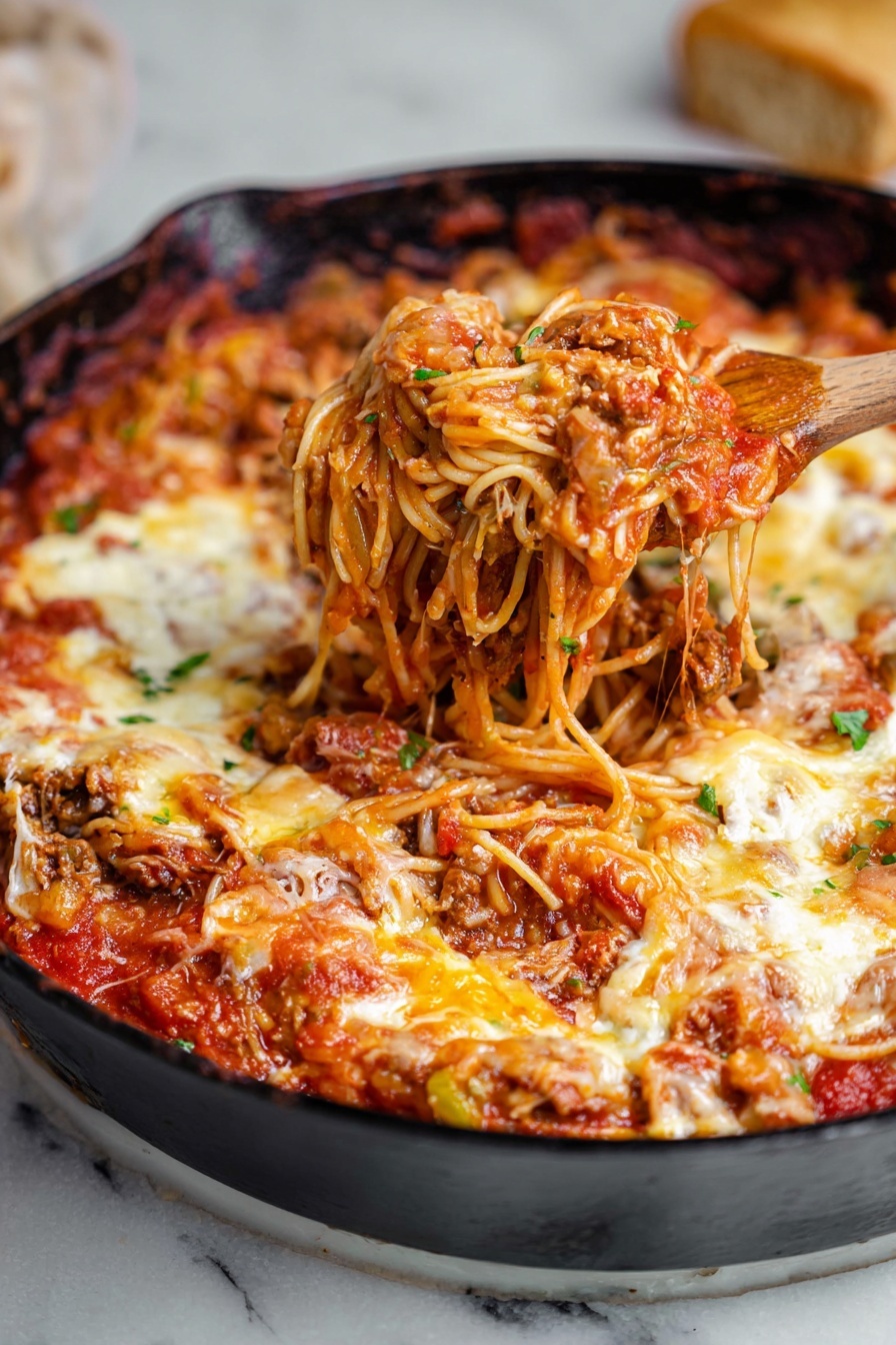 A black skillet filled with three clear layers of food sits on a white marbled surface. The bottom layer is melted golden and white cheese mixed with some brown cooked meat and bits of green herbs. The middle layer is a rich red tomato sauce with small chunks of vegetables and meat. The top layer is light brown spaghetti noodles covered with the sauce and cheese. A wooden spoon is lifting a portion of the noodles and melted cheese. The edges of the skillet show some melted cheese that looks slightly browned. Photo taken with an iphone --ar 2:3 --v 7 - Tik Tok Million Dollar Spaghetti Bake, creamy cheesy spaghetti casserole, best spaghetti bake recipe, easy comfort food dinner, cheesy pasta bake