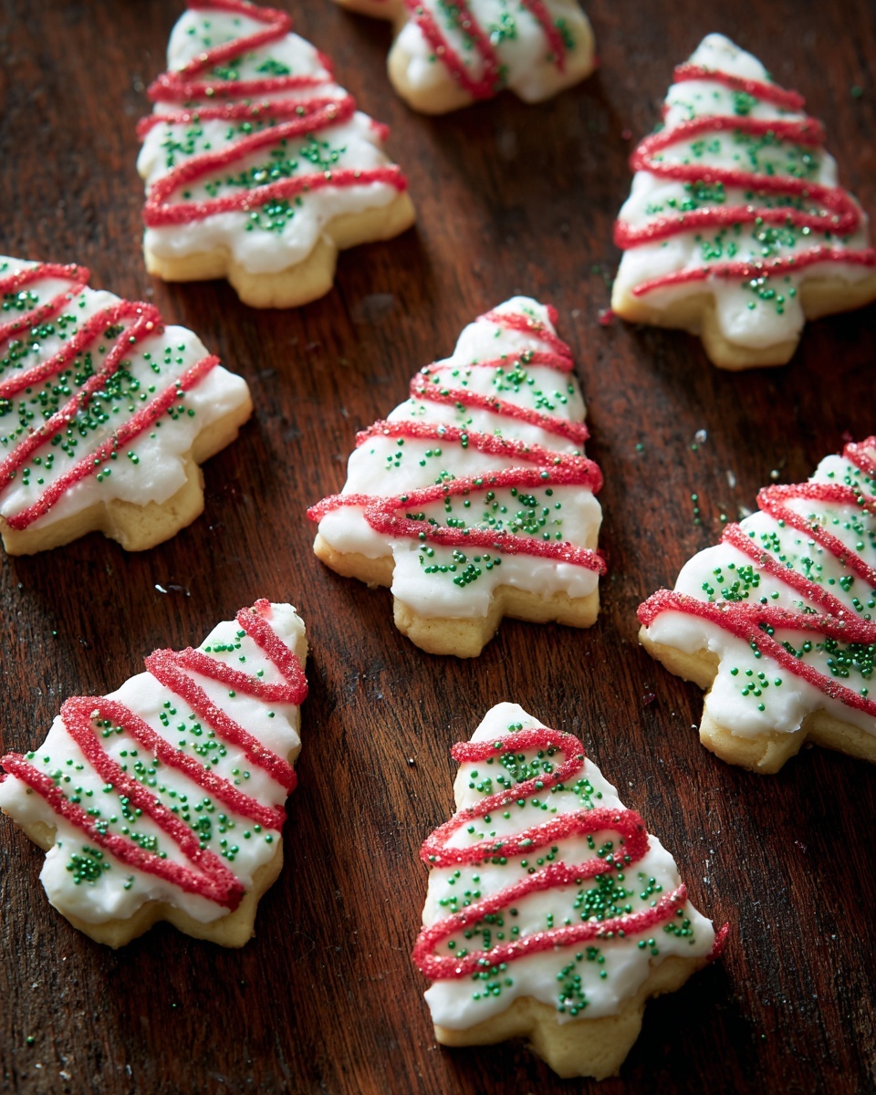 Three Christmas tree-shaped cookies sit on a dark wooden surface. Each cookie has a thick white icing layer covering it fully, with red icing lines drizzled across diagonally. Small green sprinkles are scattered on top of the white icing, adding texture and a festive touch. The two larger cookies are on the left and right, with the smaller one in the center. The cookies have a rough, uneven texture under the icing showing their baked nature. Photo taken with an iphone --ar 4:5 --v 7