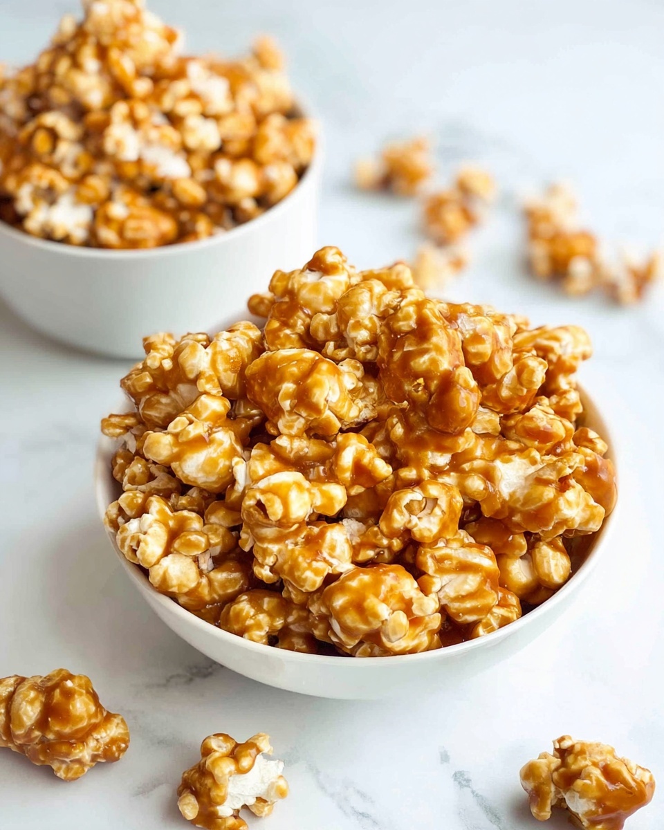 Two white bowls filled with caramel popcorn sit on a white marbled surface. Each bowl is full of shiny popcorn coated with a rich golden-brown caramel layer, giving it a slightly glossy texture. The popcorn pieces are rounded and clustered tightly, showing some white popcorn parts underneath the caramel coating. Scattered around the bowls on the white marbled surface are loose caramel popcorn pieces, creating a casual and inviting look. The lighting highlights the gloss of the caramel and the light shadows on the bowls. Photo taken with an iphone --ar 4:5 --v 7